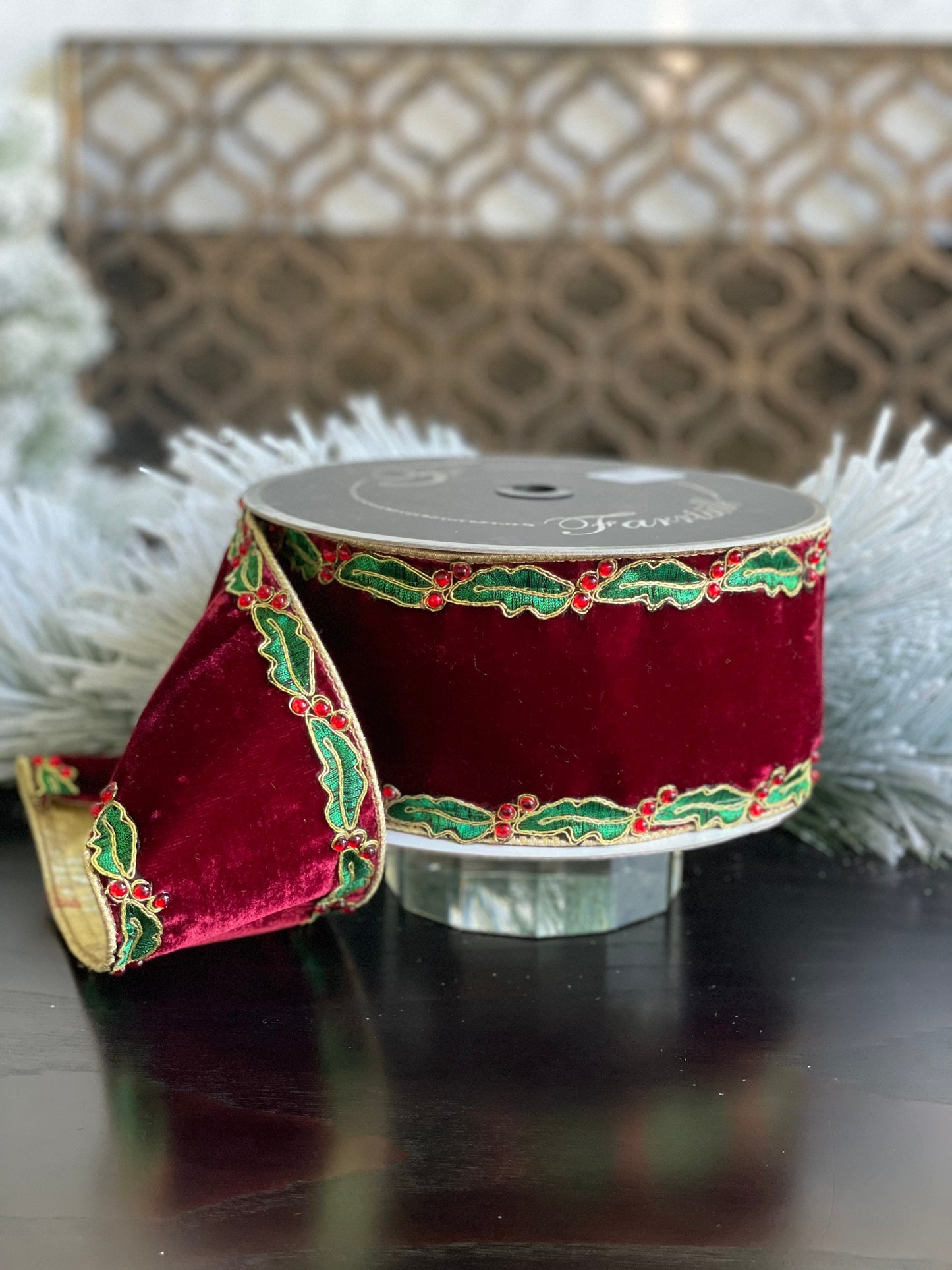 Holly border ruby ribbon 4”x 10 yds Wired.*