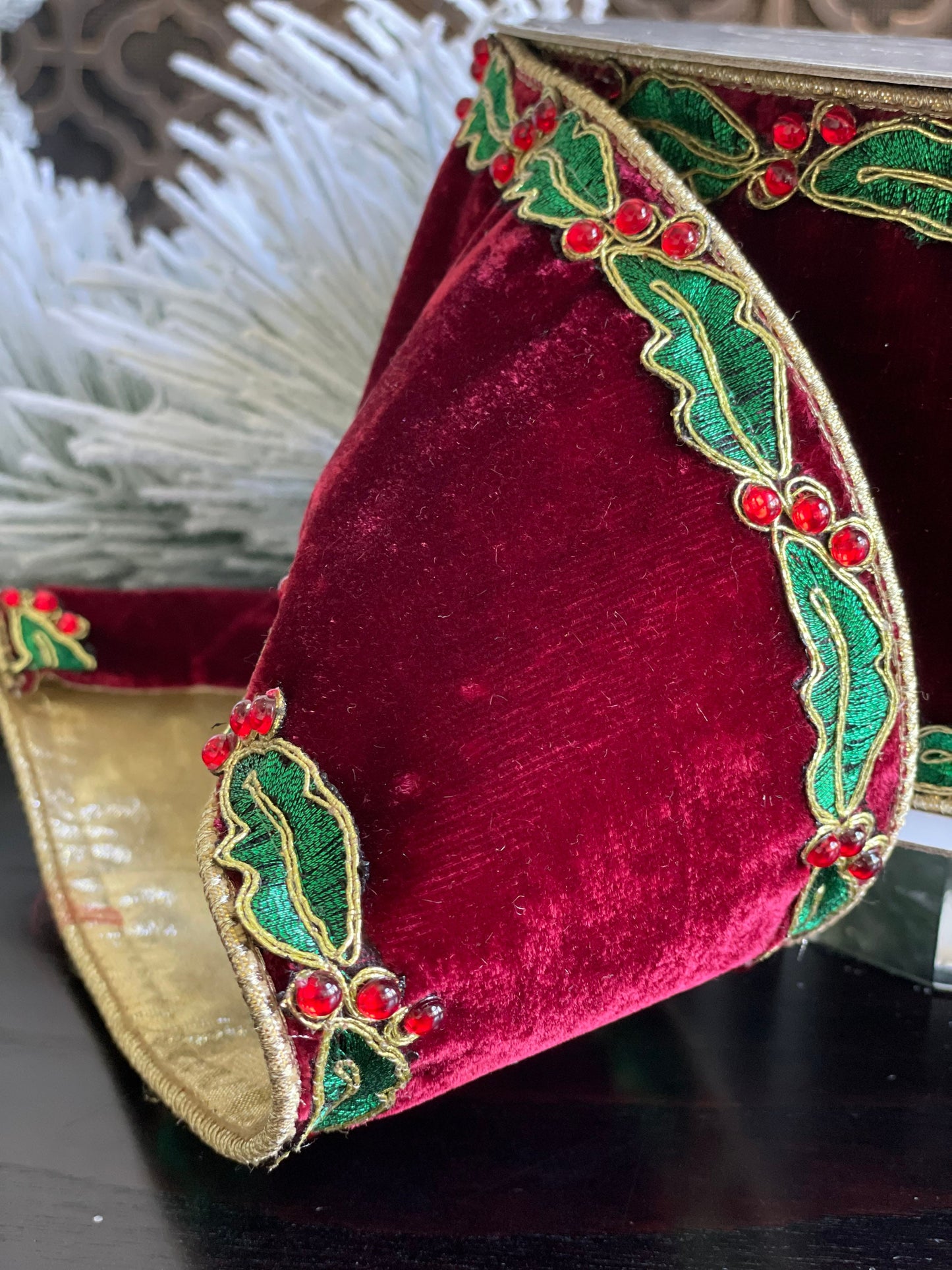 Holly border ruby ribbon 4”x 10 yds Wired.*