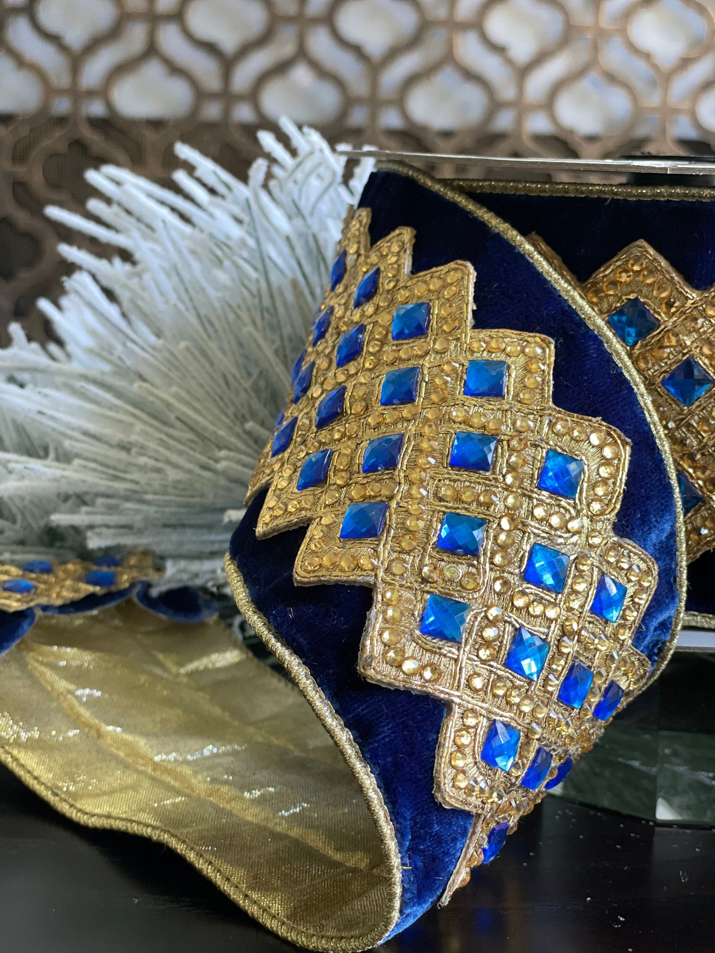 4” x 5 yds. Velvet bejeweled lattice indigo ribbon.