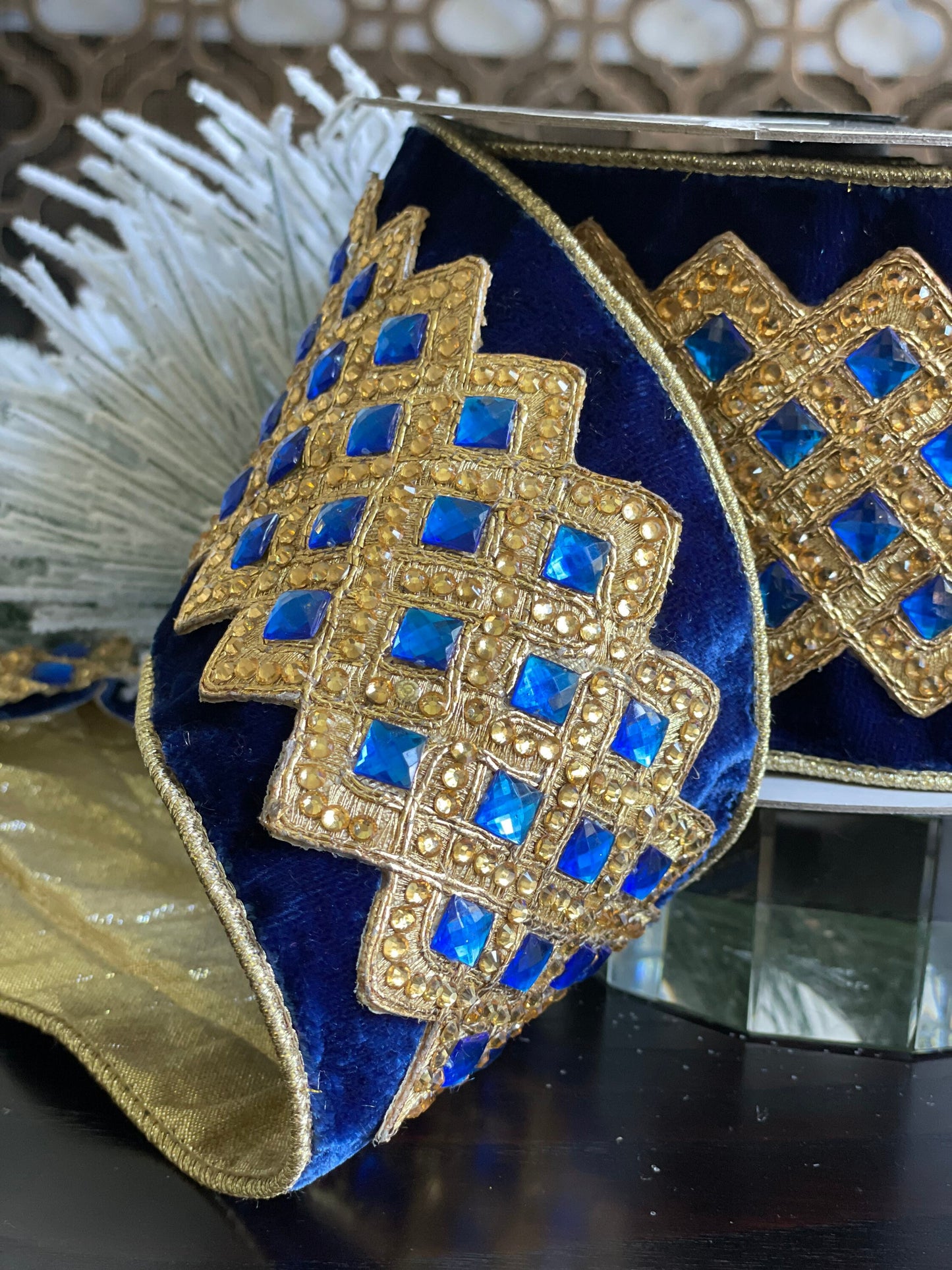 4” x 5 yds. Velvet bejeweled lattice indigo ribbon.