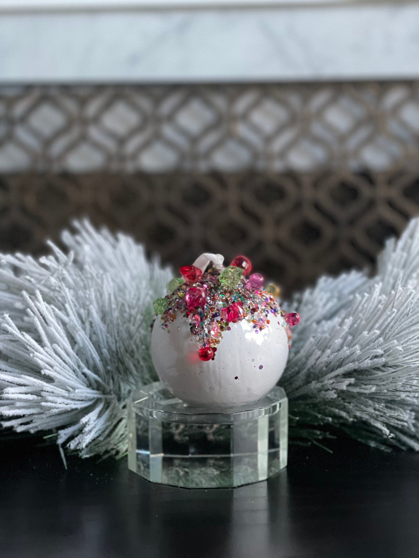 4” Kaleidoscope jeweled ball white