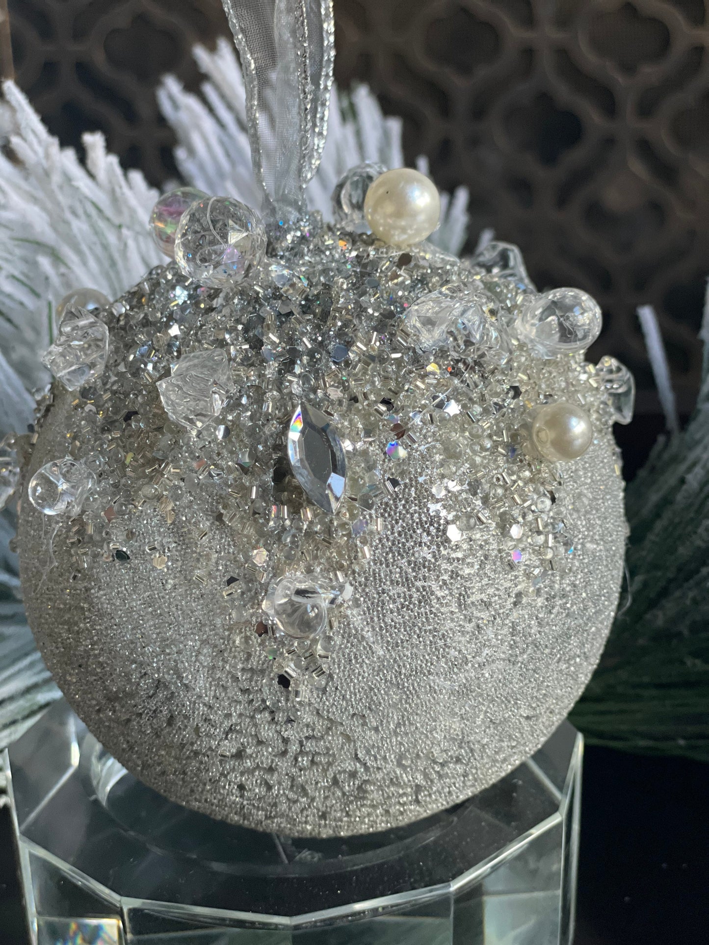 5” Beaded bejeweled ball silver