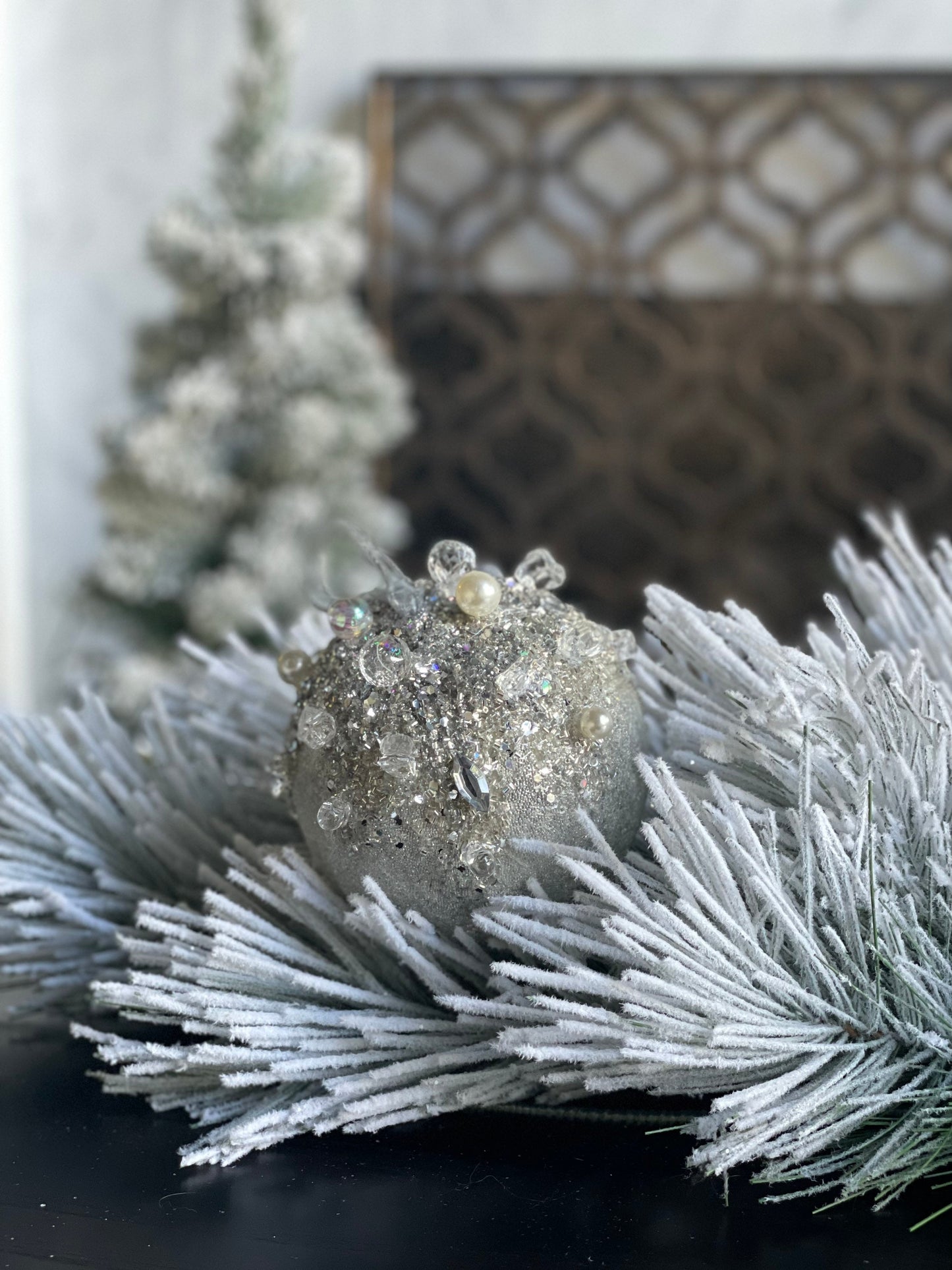5” Beaded bejeweled ball silver