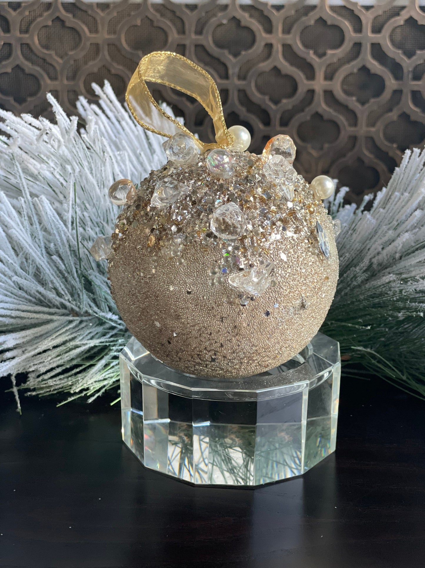 5” Beaded bejeweled ball platinum