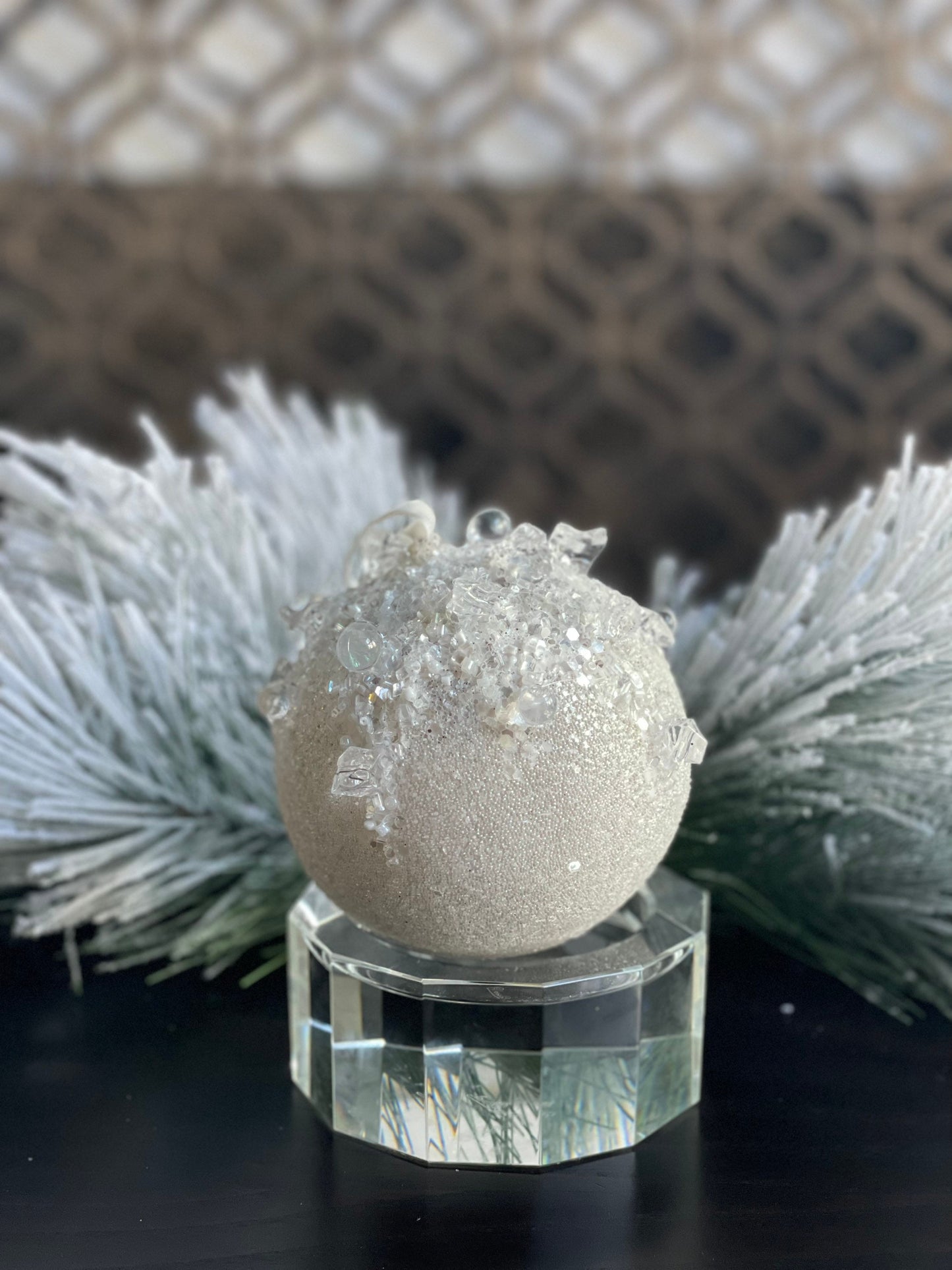 4” Beaded bejeweled ball white