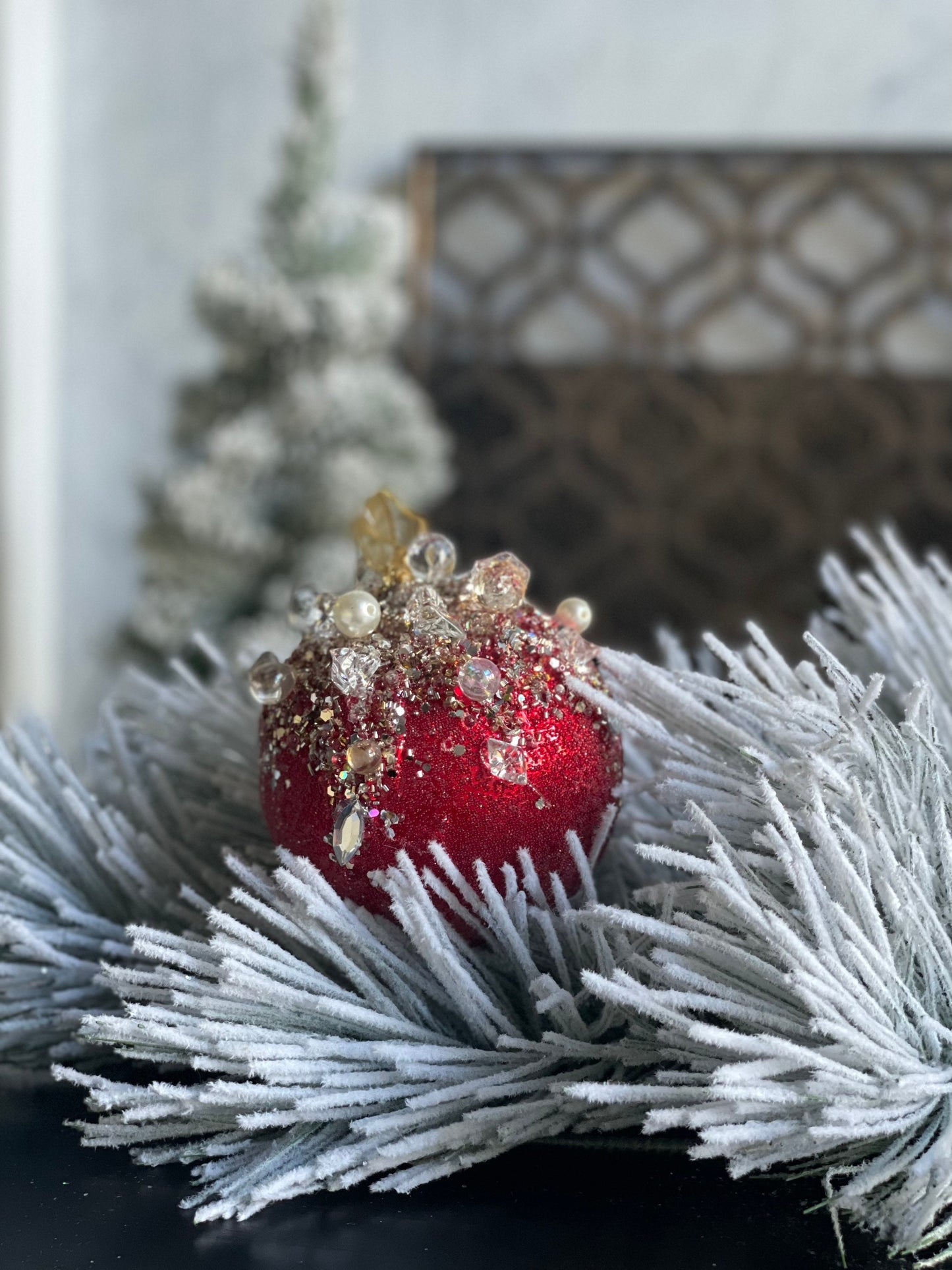 5” Beaded bejeweled ball red