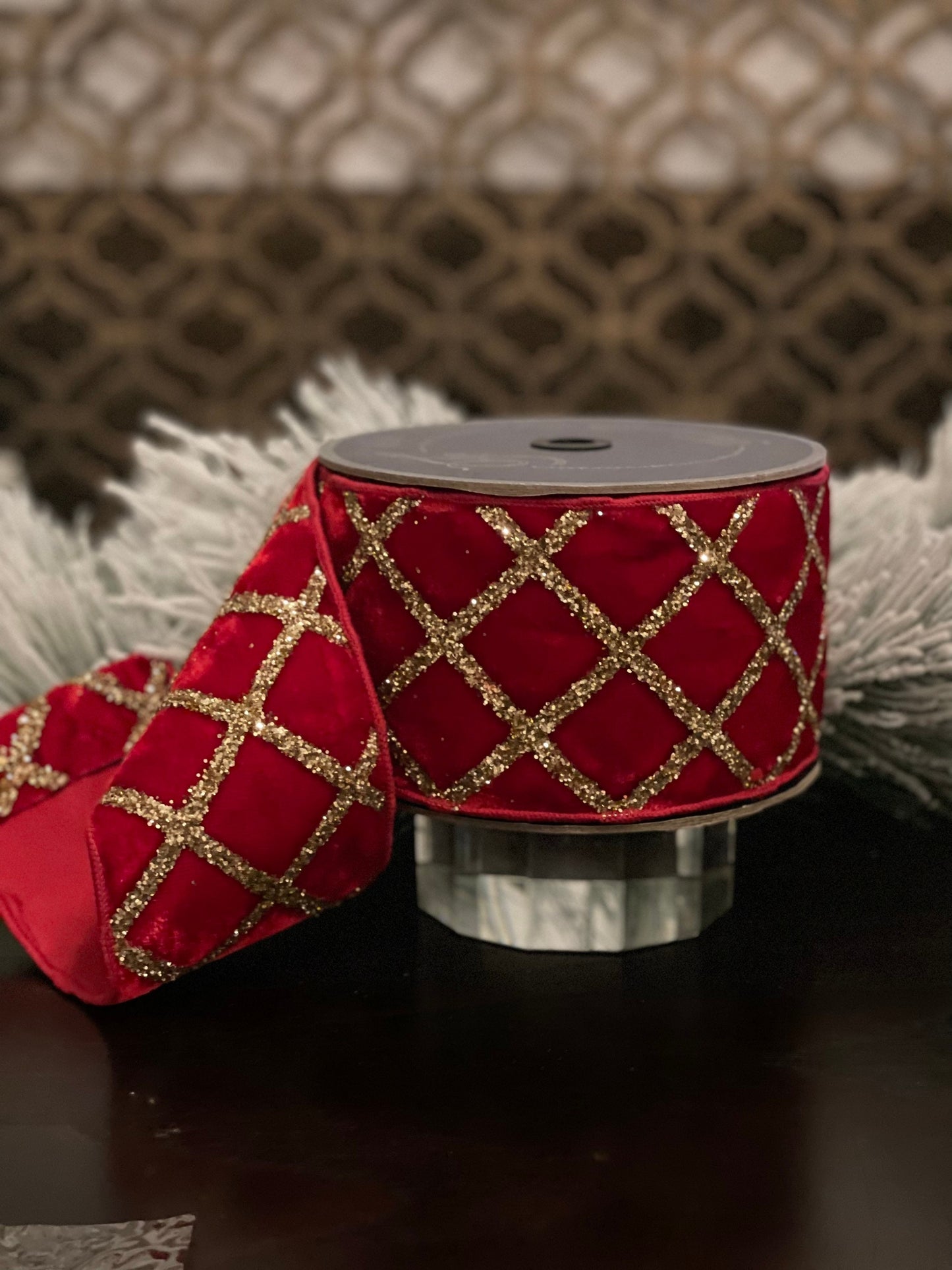 4” X 10 yds velvet glitter lattice ribbon. Red and gold.