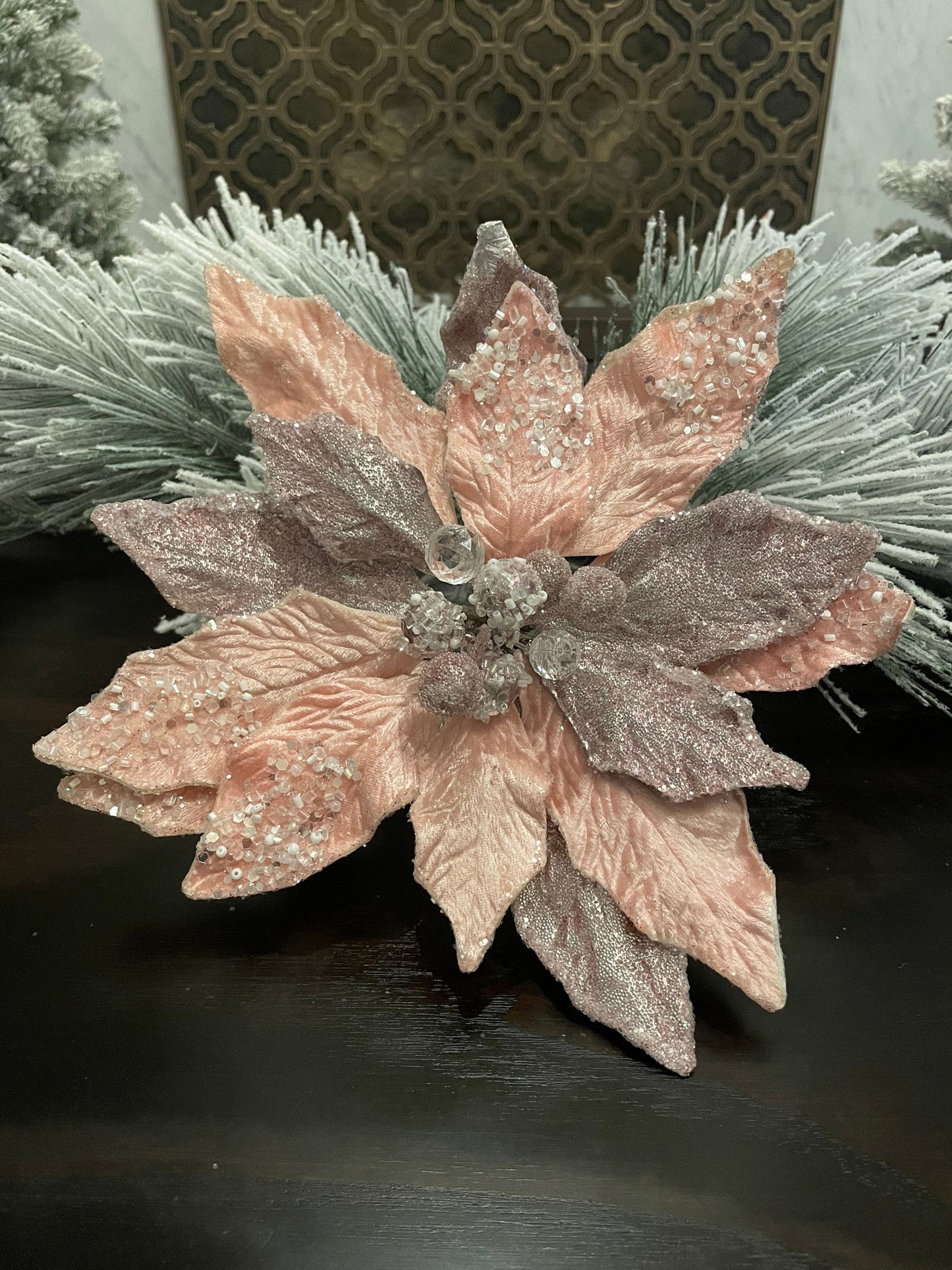 9.5” Poinsettia beaded pick with clip. Blush pink