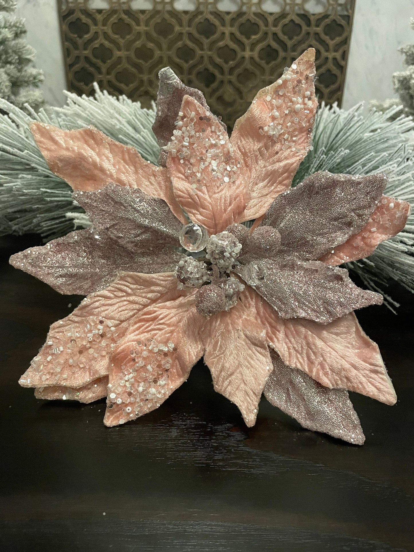 9.5” Poinsettia beaded pick with clip. Blush pink