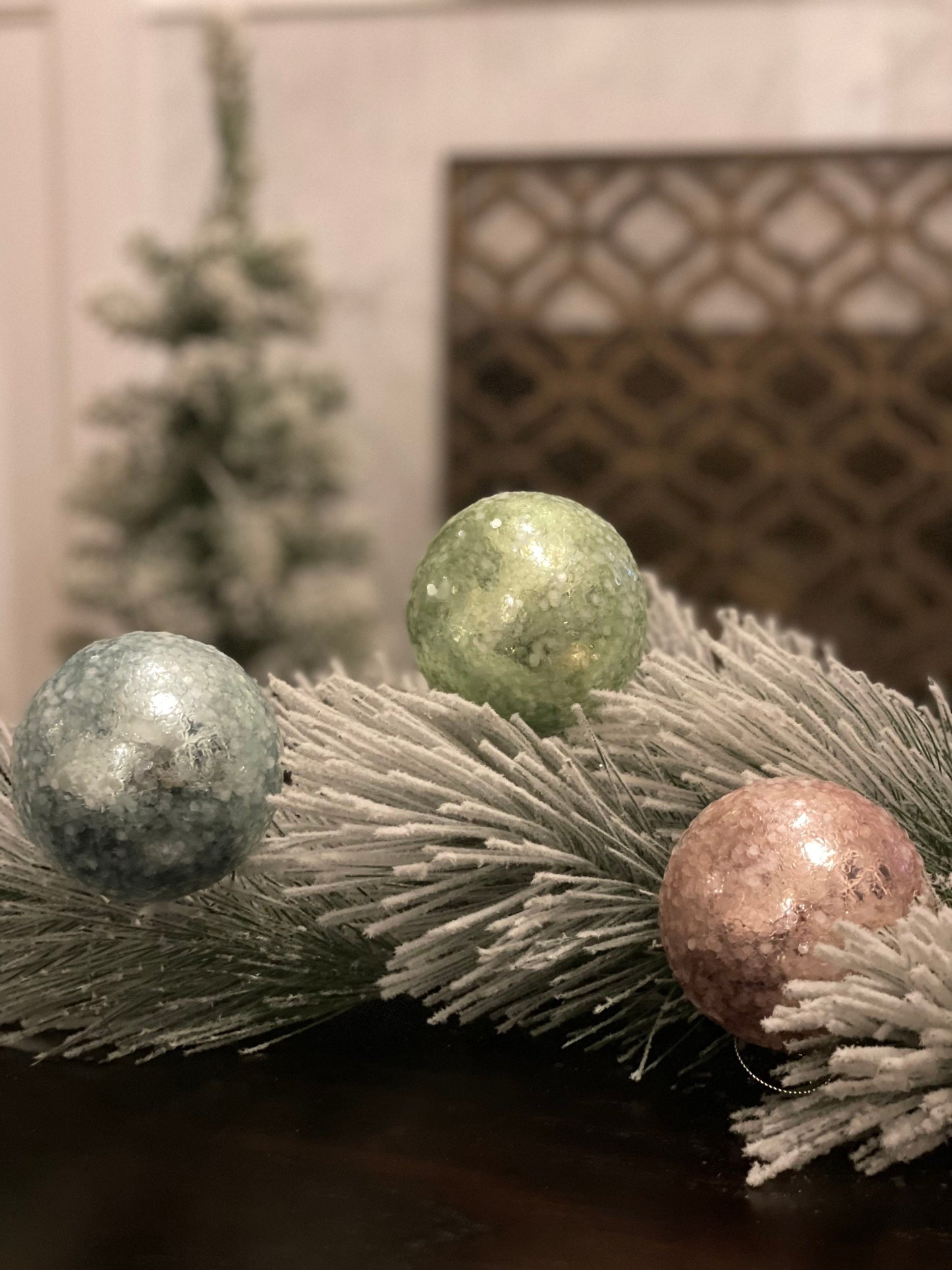 3"Glass sequin pearlized ball ornament. Set of 3. Blue, green and pink.