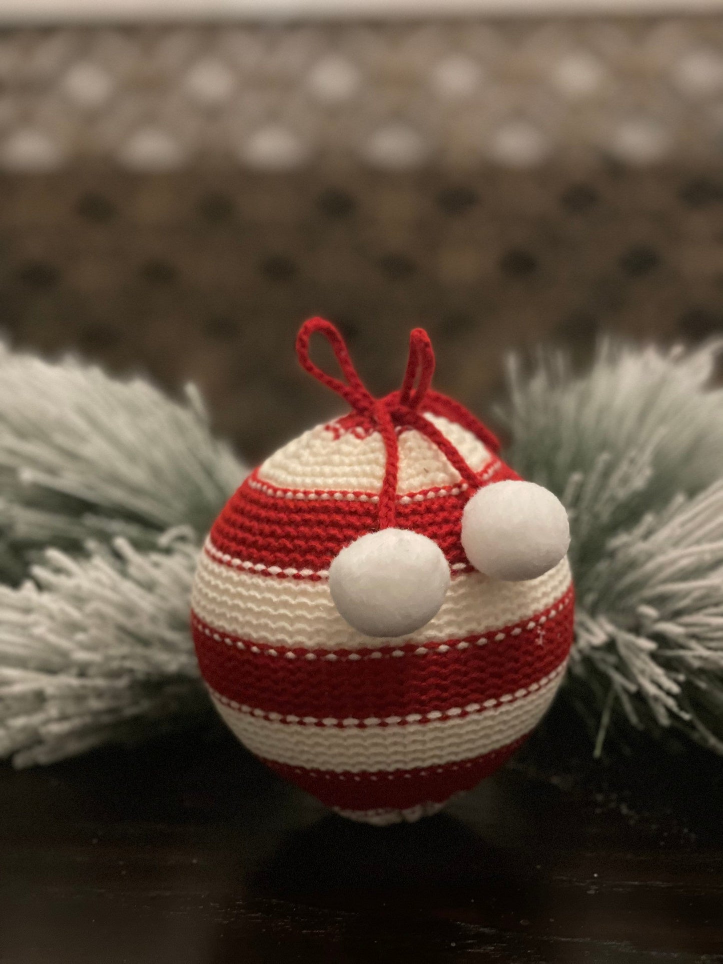 5" Striped knit ball ornament. White and red.