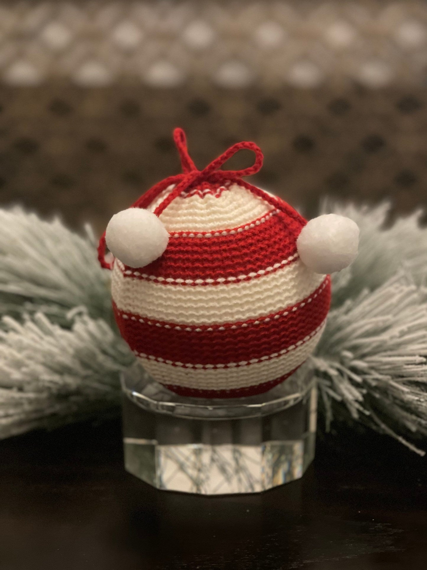 5" Striped knit ball ornament. White and red.