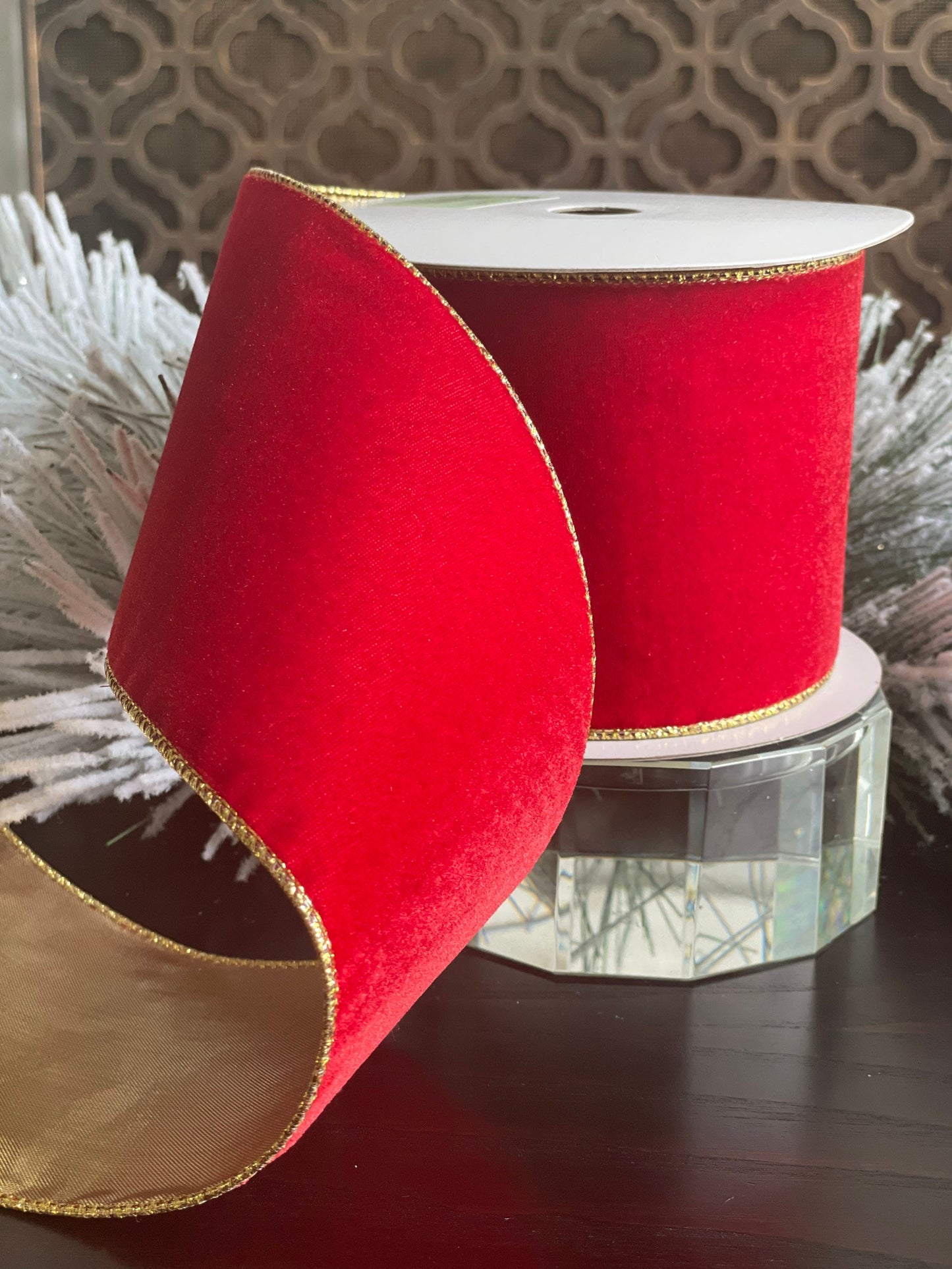 4" x 10 Yards deluxe velvet wired ribbon red/ gold*
