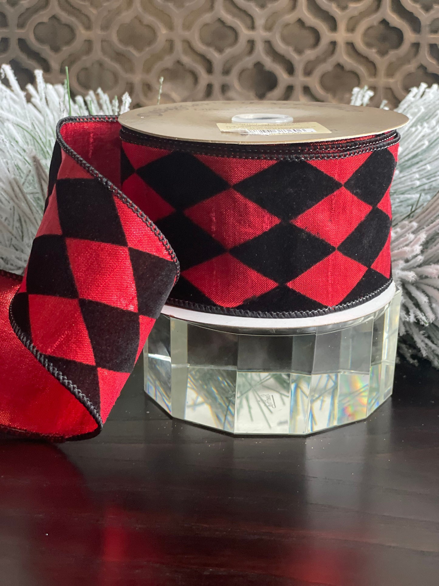 2.5x10" yds. diamond ribbon. Black velvet diamonds. Black and red.
