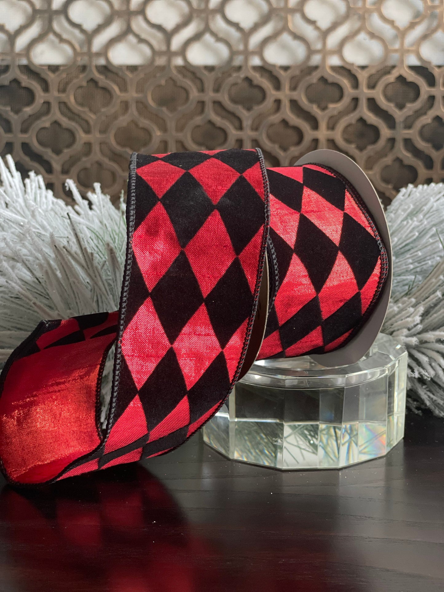 2.5x10" yds. diamond ribbon. Black velvet diamonds. Black and red.