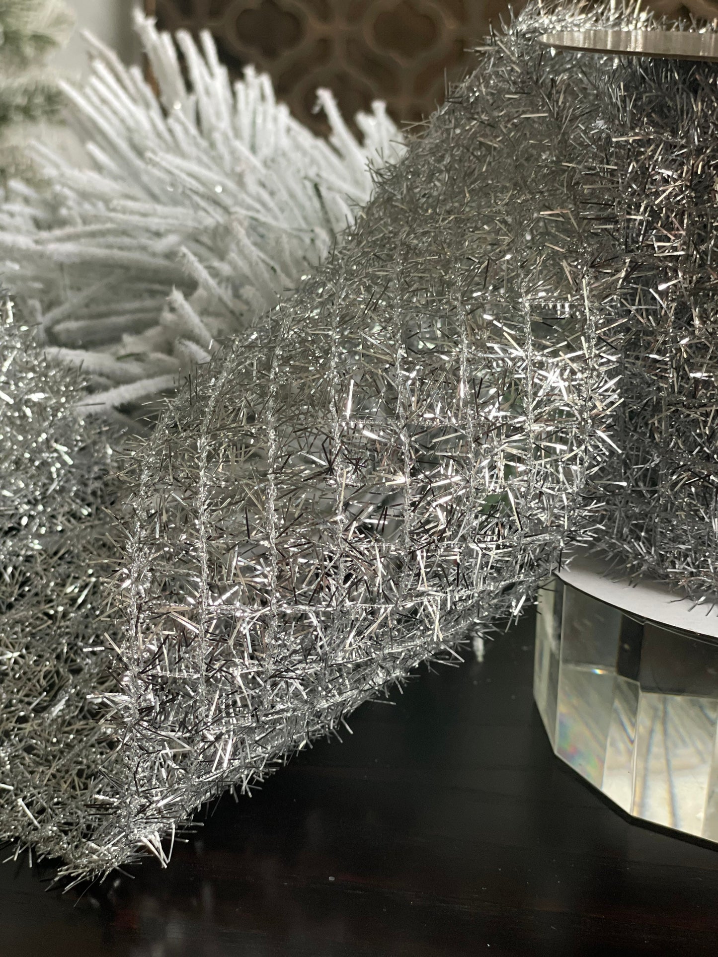 4x10" yds. Silver tinsel ribbon. Wired.