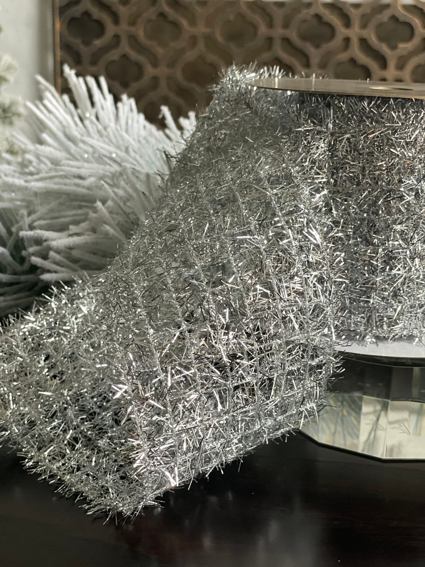 4x10" yds. Silver tinsel ribbon. Wired.