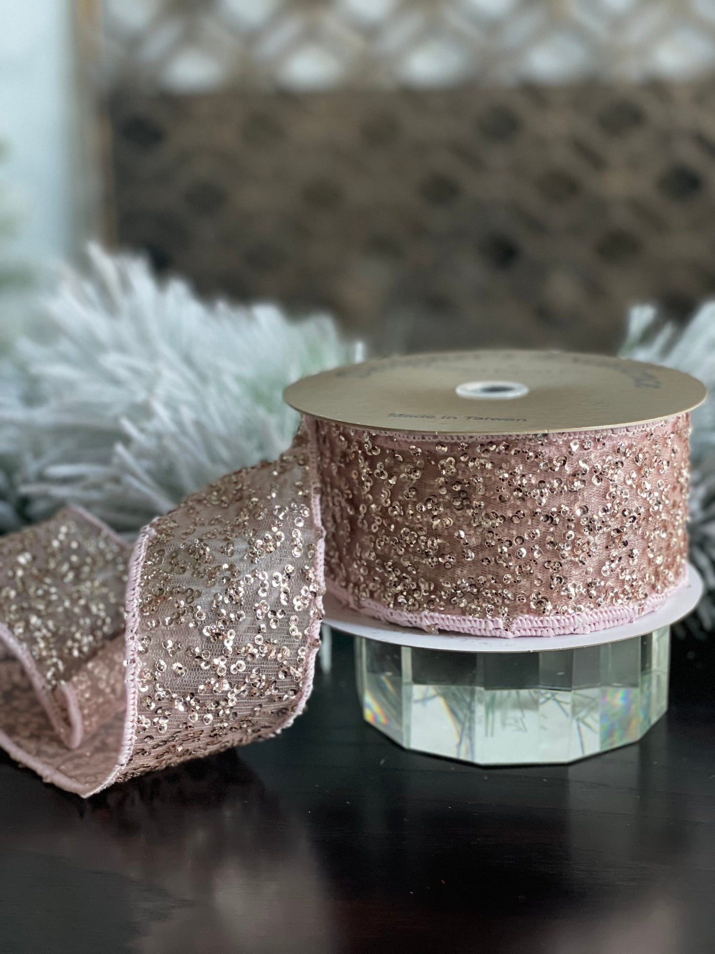 2.5” x 10 yds. Pink sequin ribbon