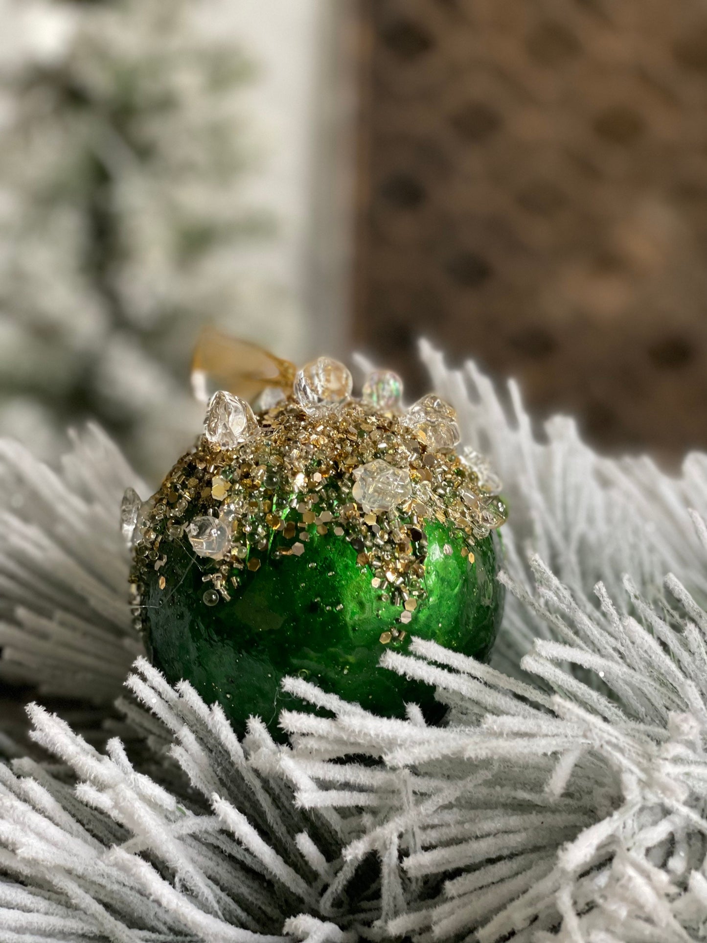 4" Heavy jeweled ball ornament. Emerald gold.