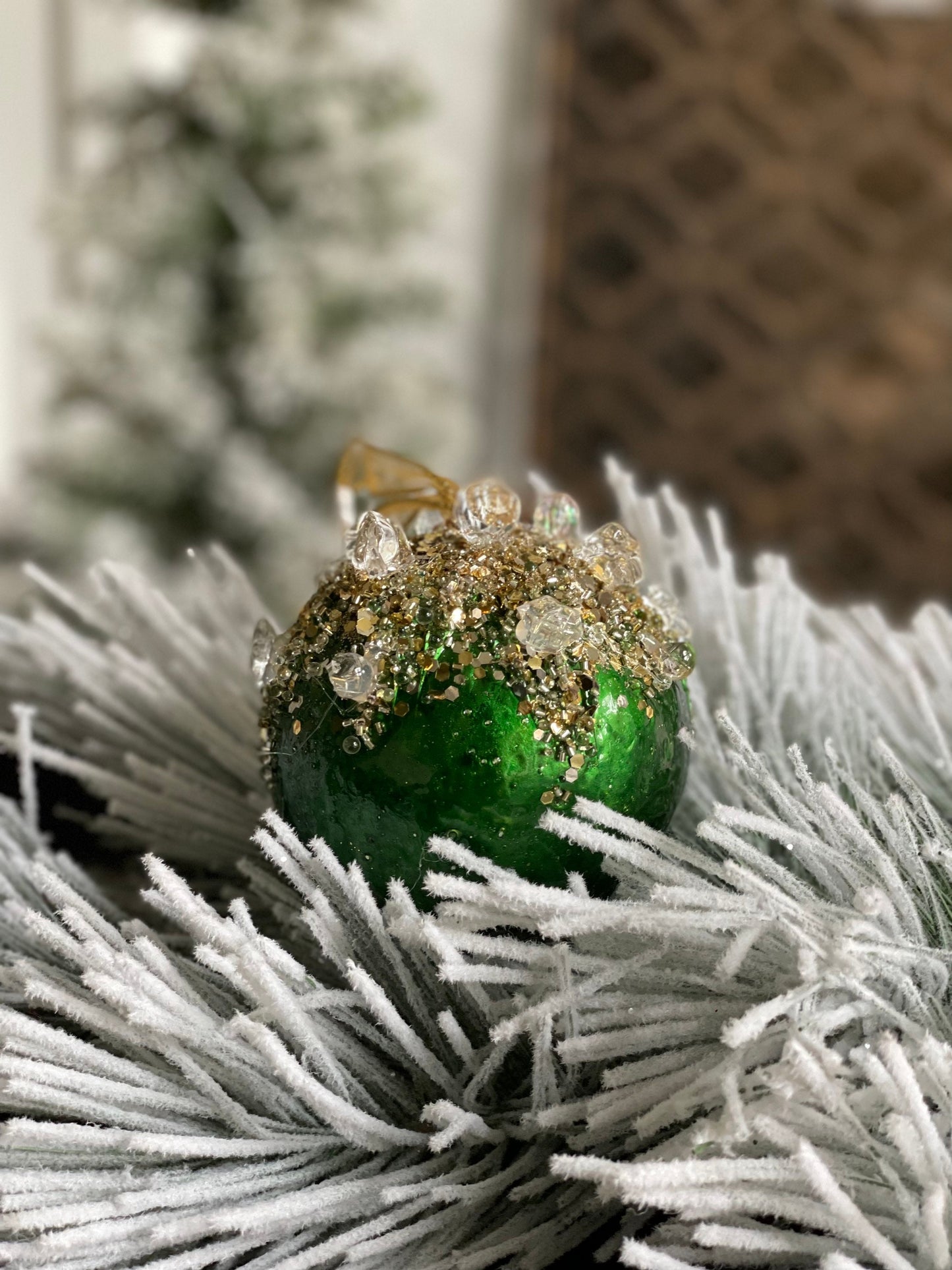 4" Heavy jeweled ball ornament. Emerald gold.