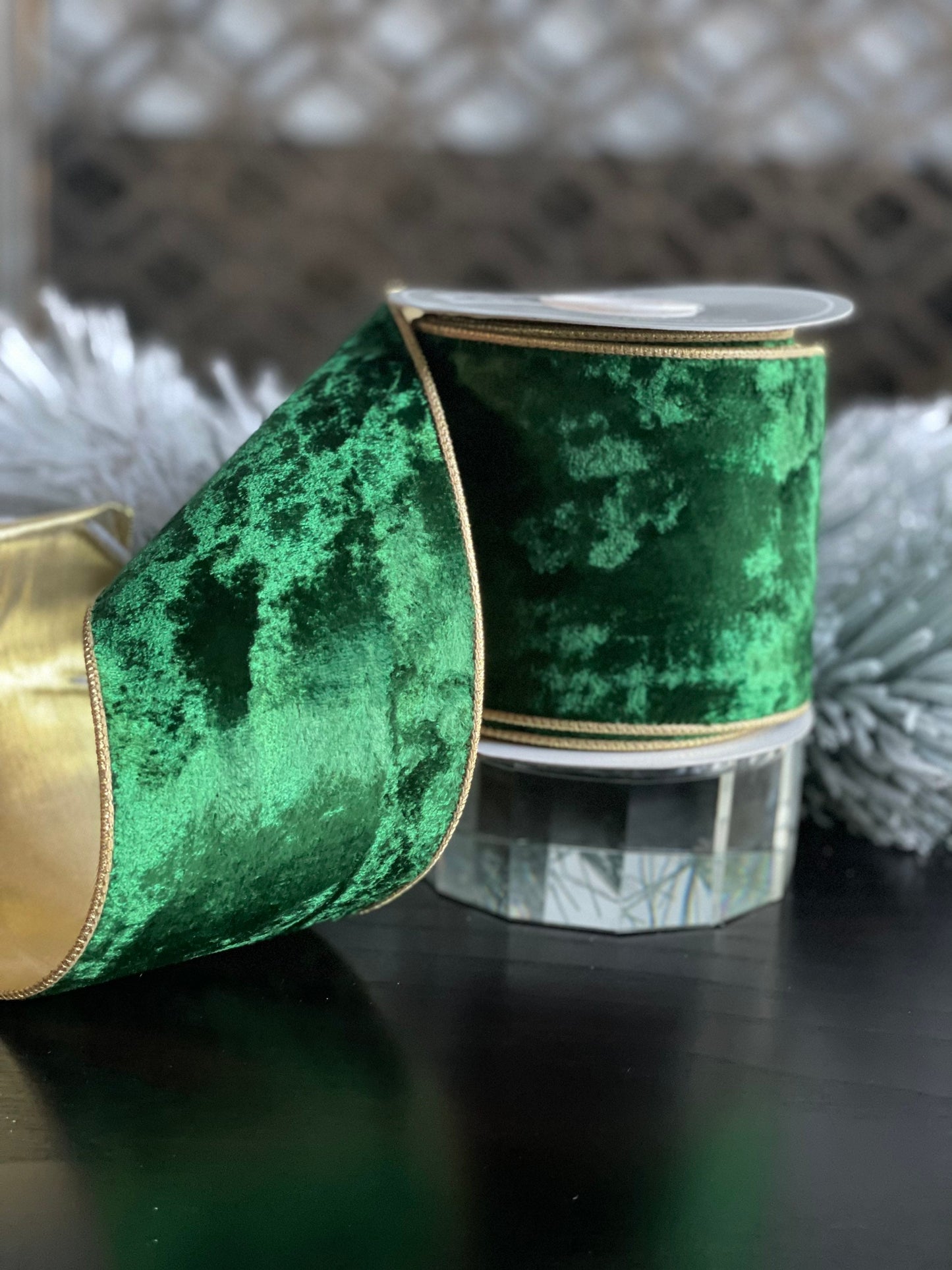 4” X 10 yds velvet emerald ribbon with gold back. Emerald and gold. Wired.