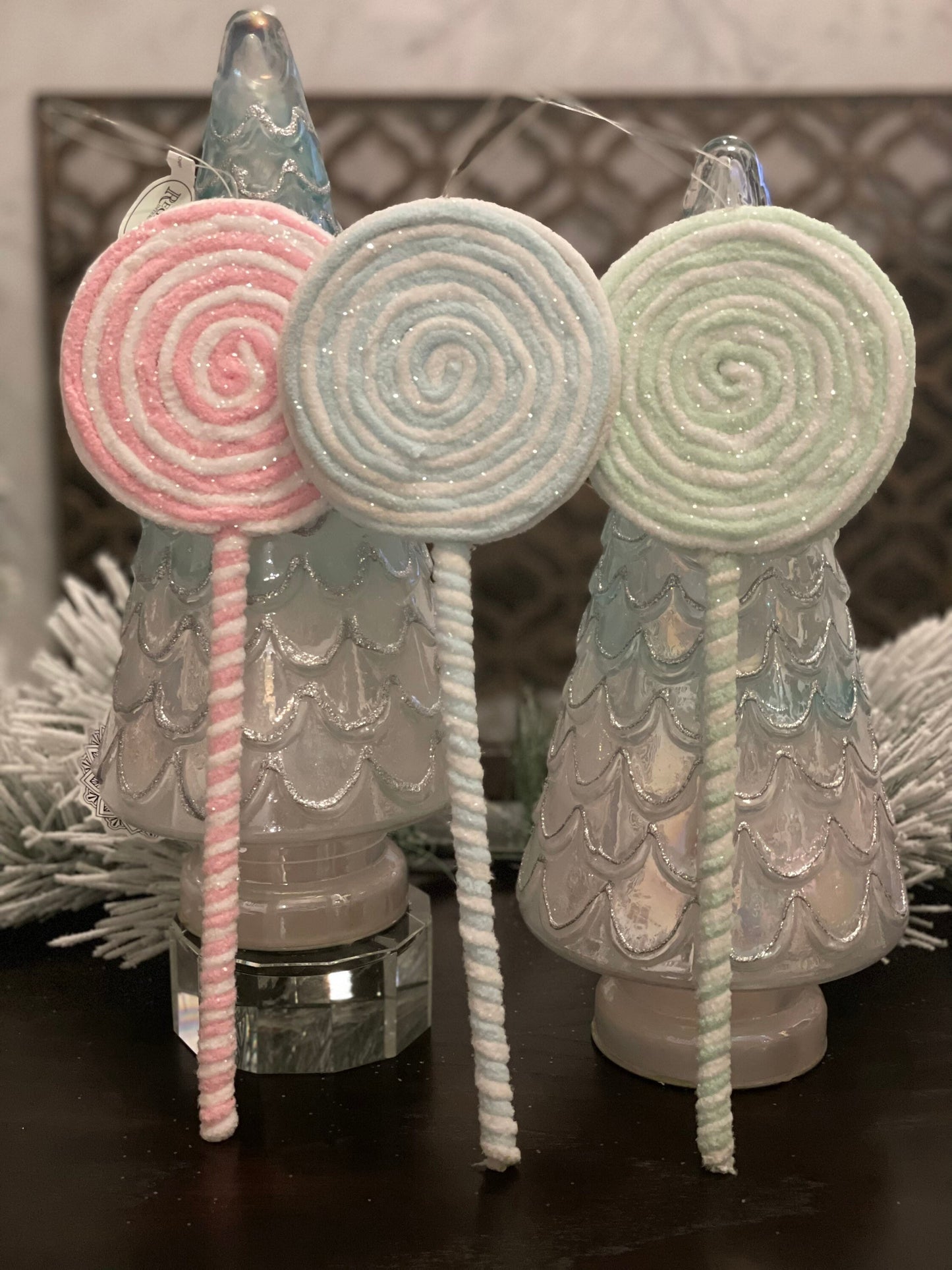 14"Frosted pastel lollipop ornament. Set of 3. Pink, green and blue.
