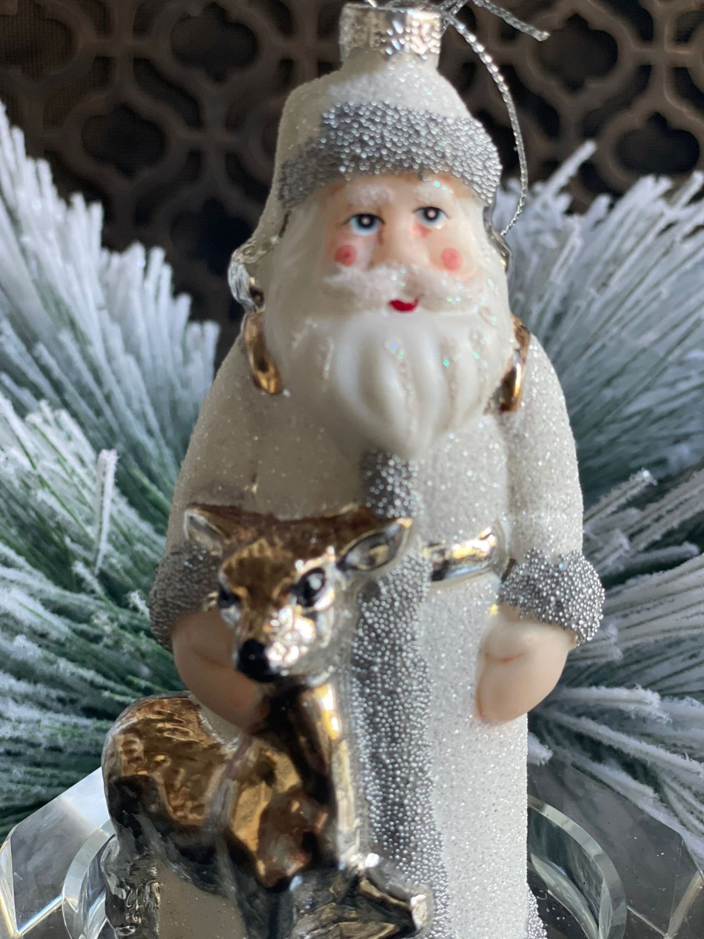 6" glass beaded santa w/deer ornament