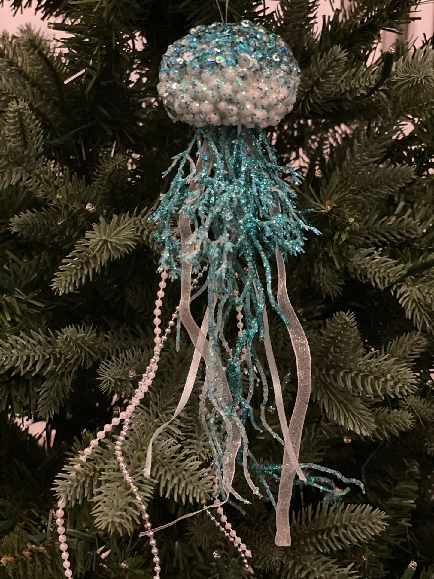 SET of 2. 12"glitter sequins styro jelly fish ornament. Sea or beach theme ornament.
