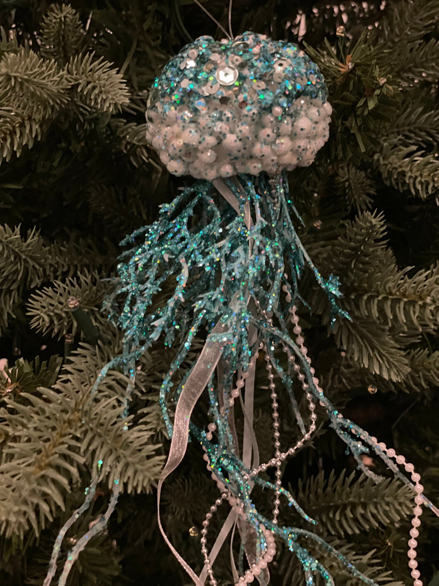 SET of 2. 12"glitter sequins styro jelly fish ornament. Sea or beach theme ornament.