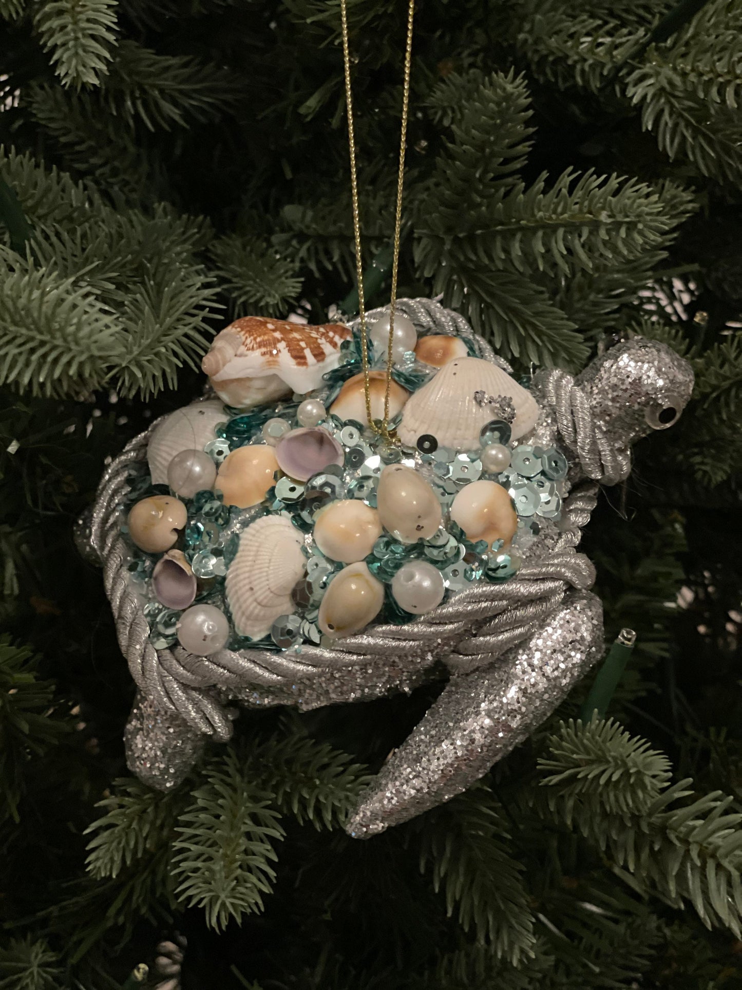 SET of 2. 6"glitter shell turtle ornament. Sea or beach theme ornament.