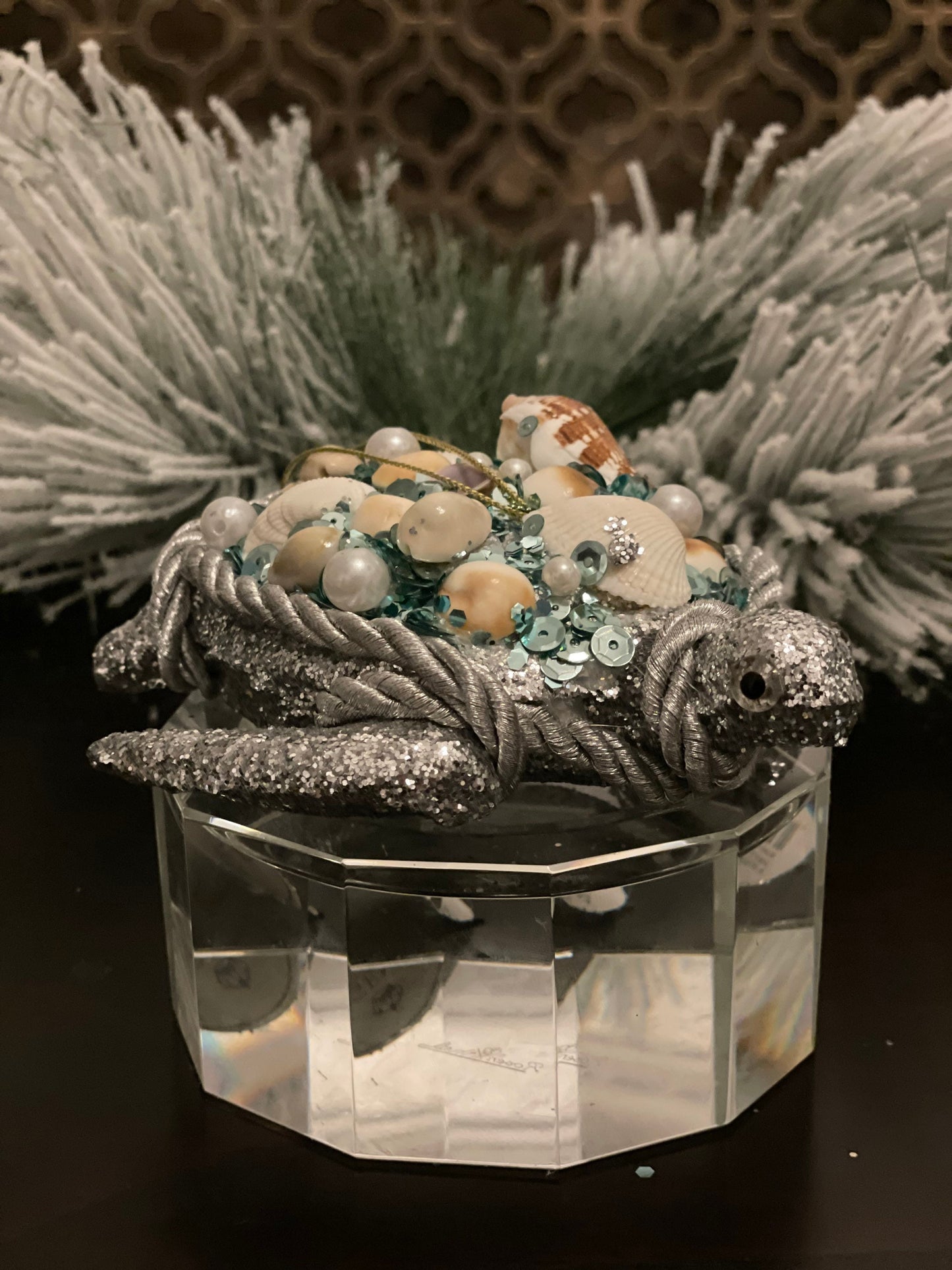 SET of 2. 6"glitter shell turtle ornament. Sea or beach theme ornament.