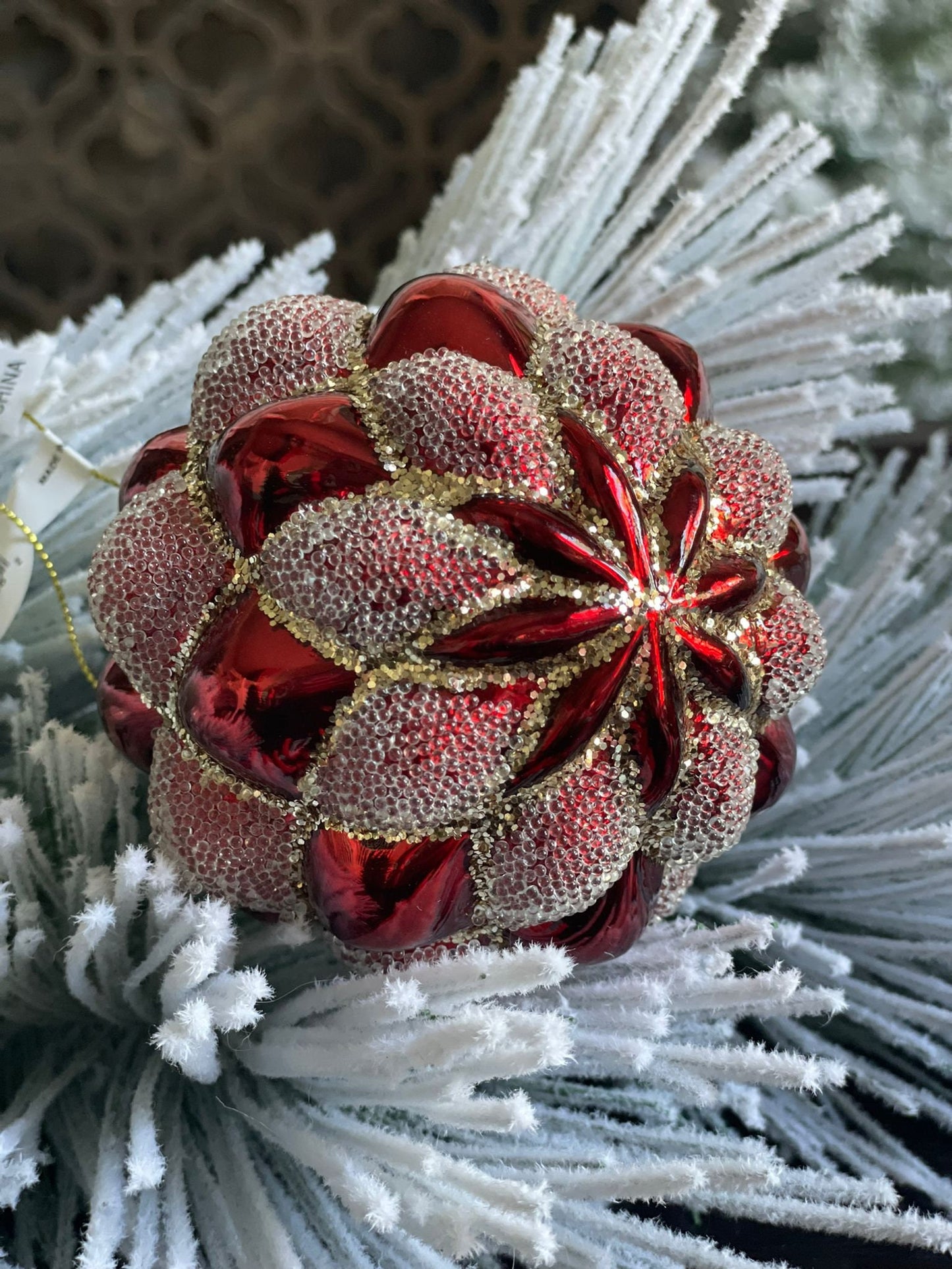 4" glass beaded quilted ball ornament. Red.*