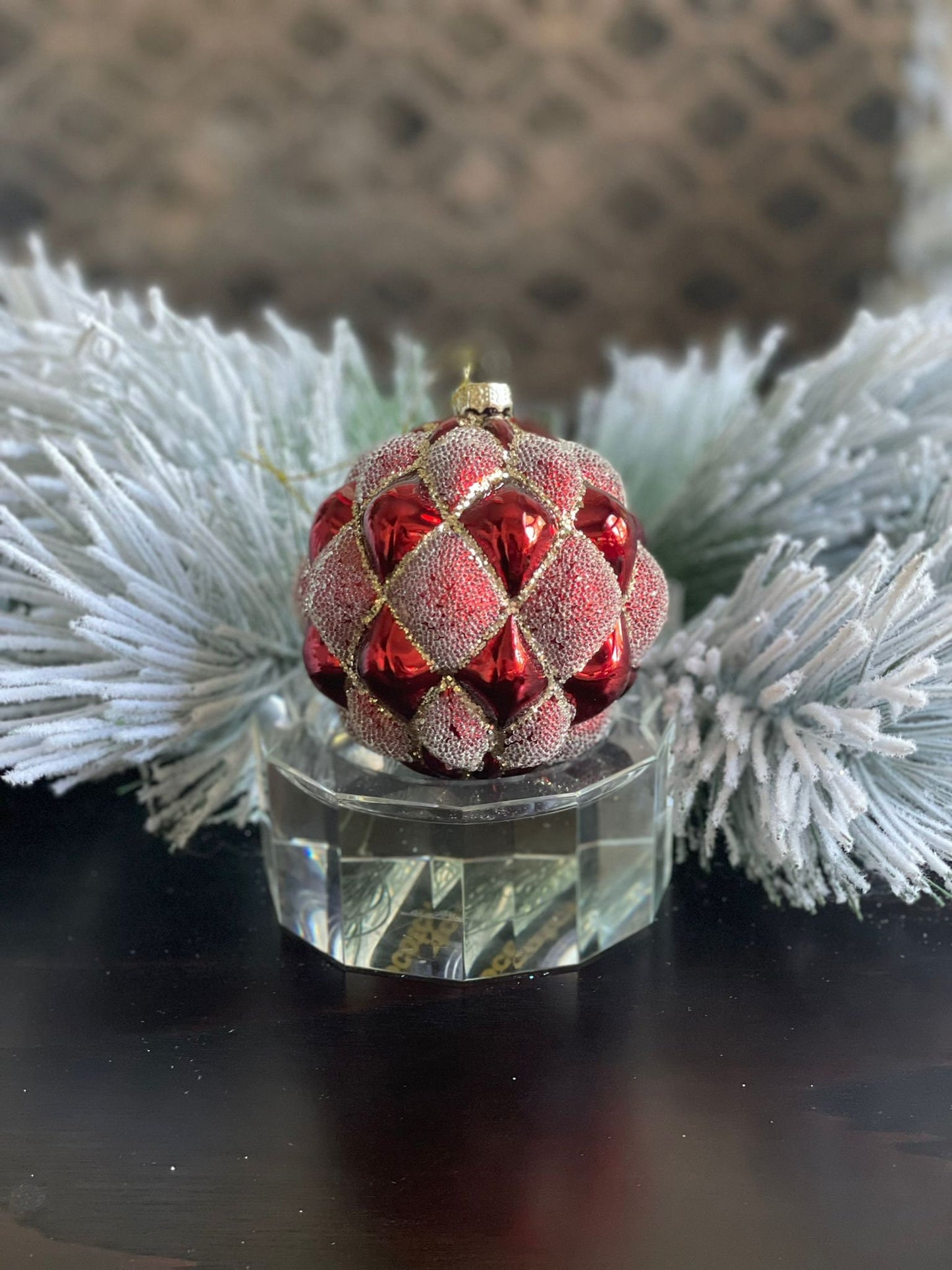 4" glass beaded quilted ball ornament. Red.*
