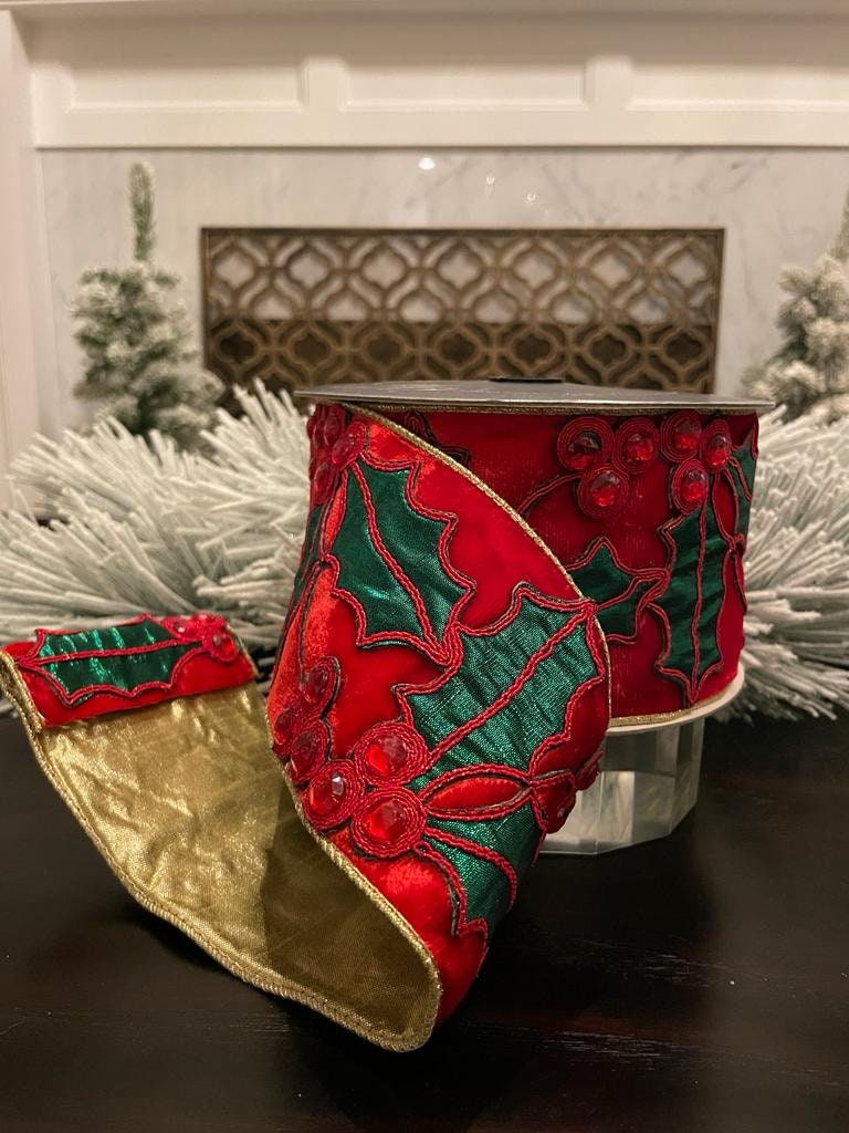 4” x 5 yds Holly on velvet red and emerald.