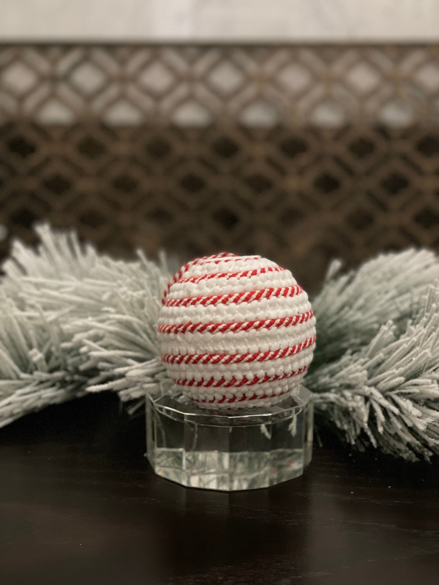 SET of 2. 4" Swirl cord ball ornament. Red and white.