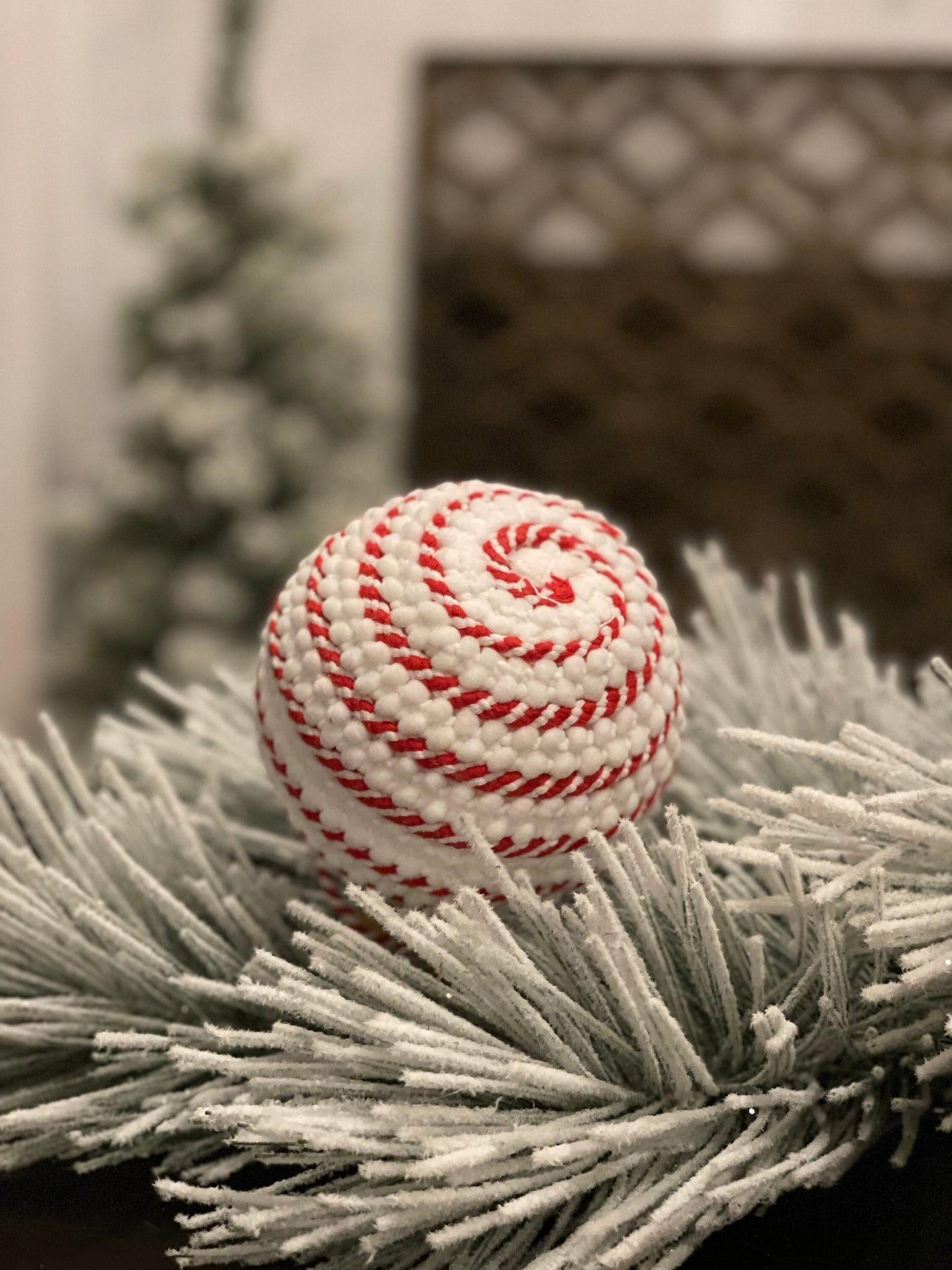 SET of 2. 4" Swirl cord ball ornament. Red and white.