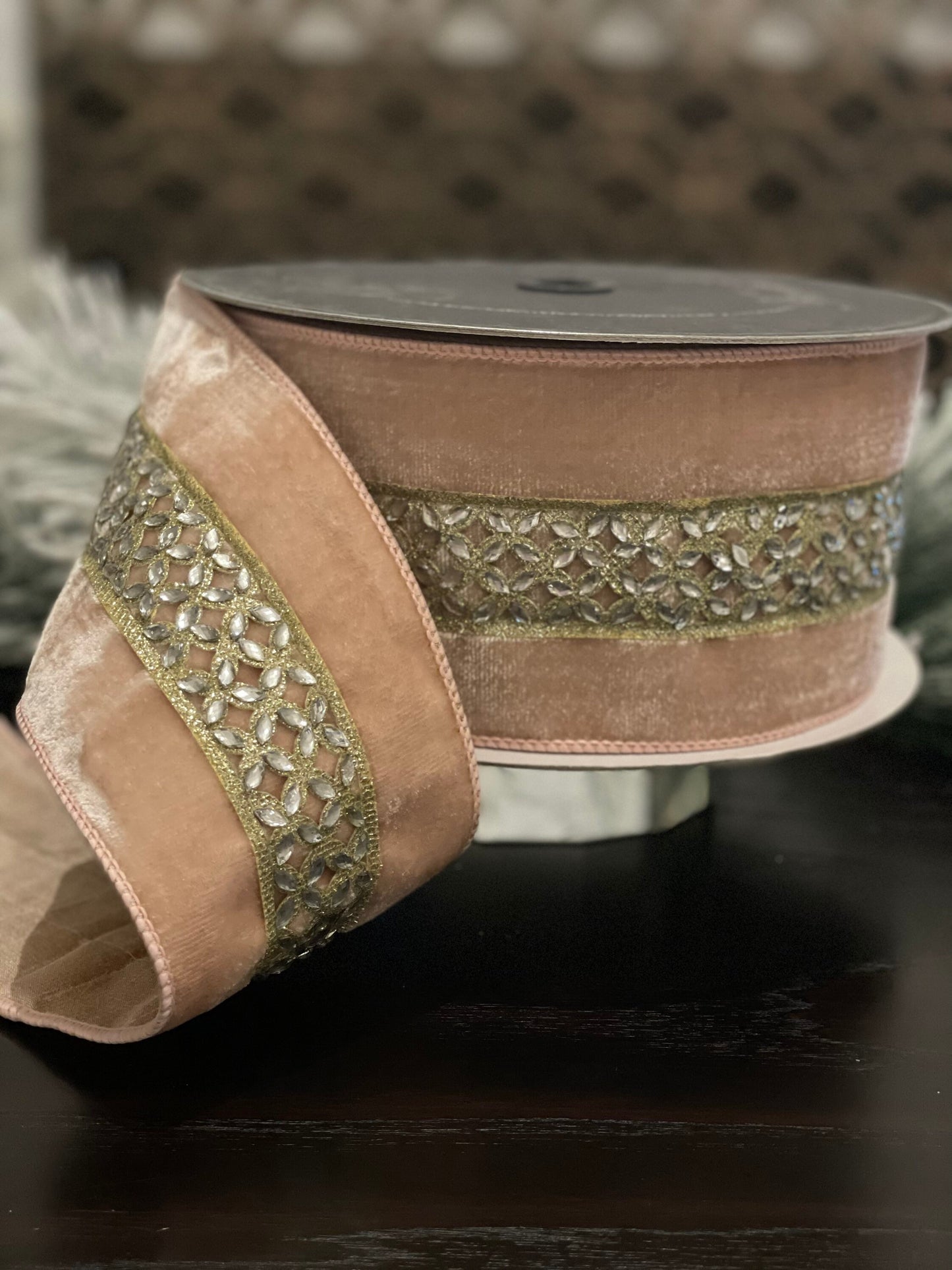 4” x 10 yds. jewel lace rose velvet ribbon. Pink. Wired. Farrisilk.*