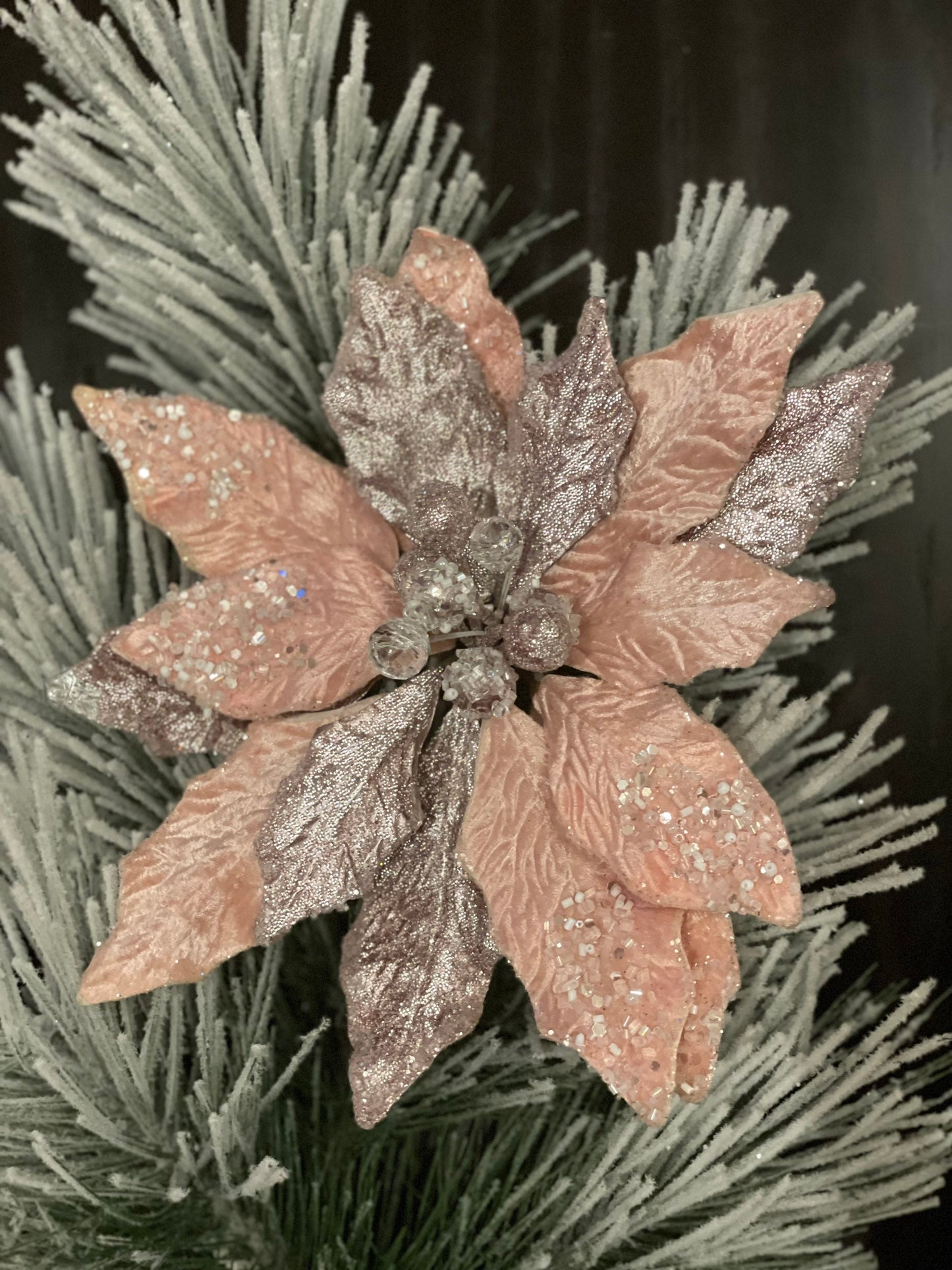 9.5” Poinsettia beaded pick with clip. Blush pink