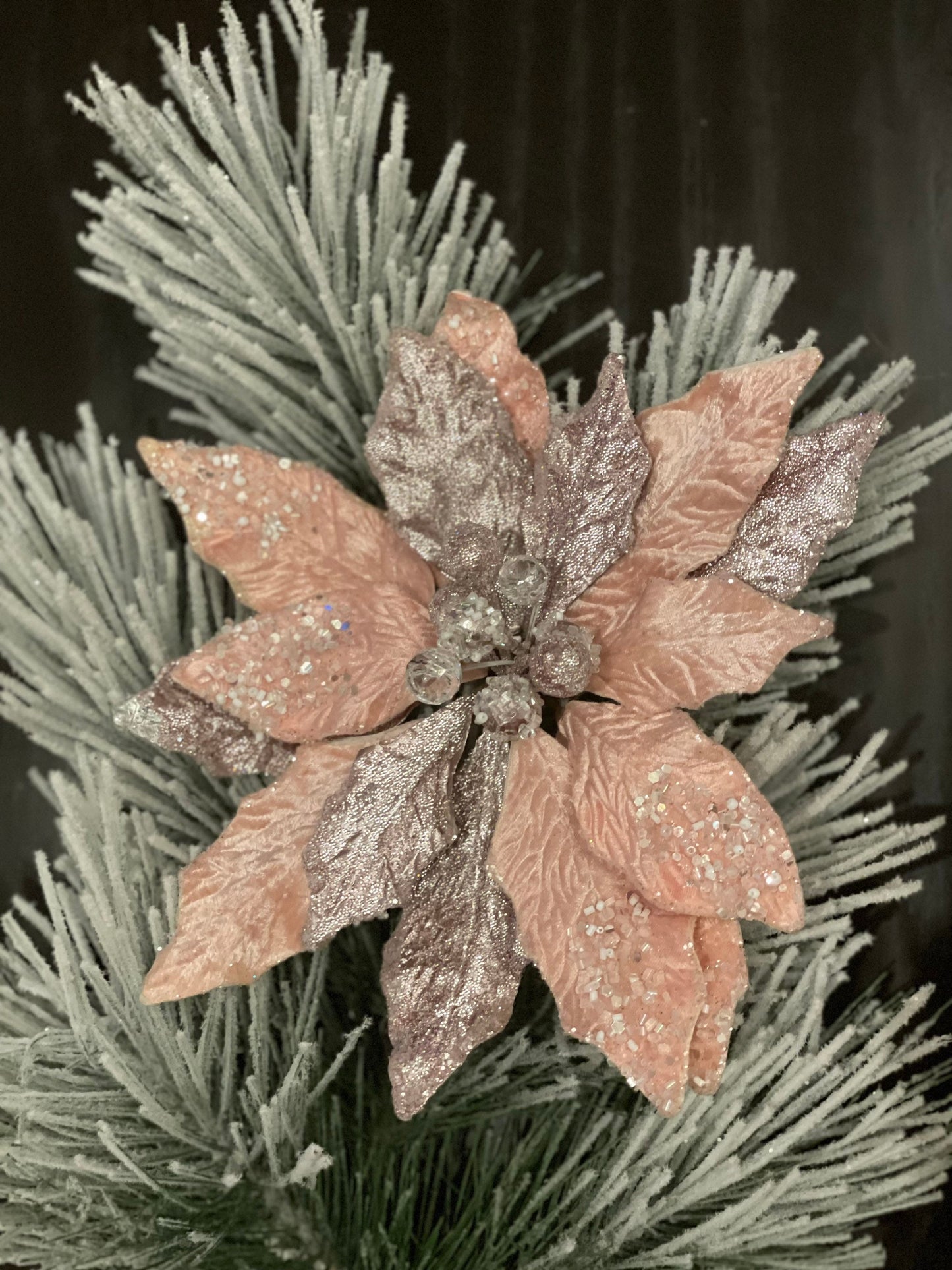 9.5” Poinsettia beaded pick with clip. Blush pink