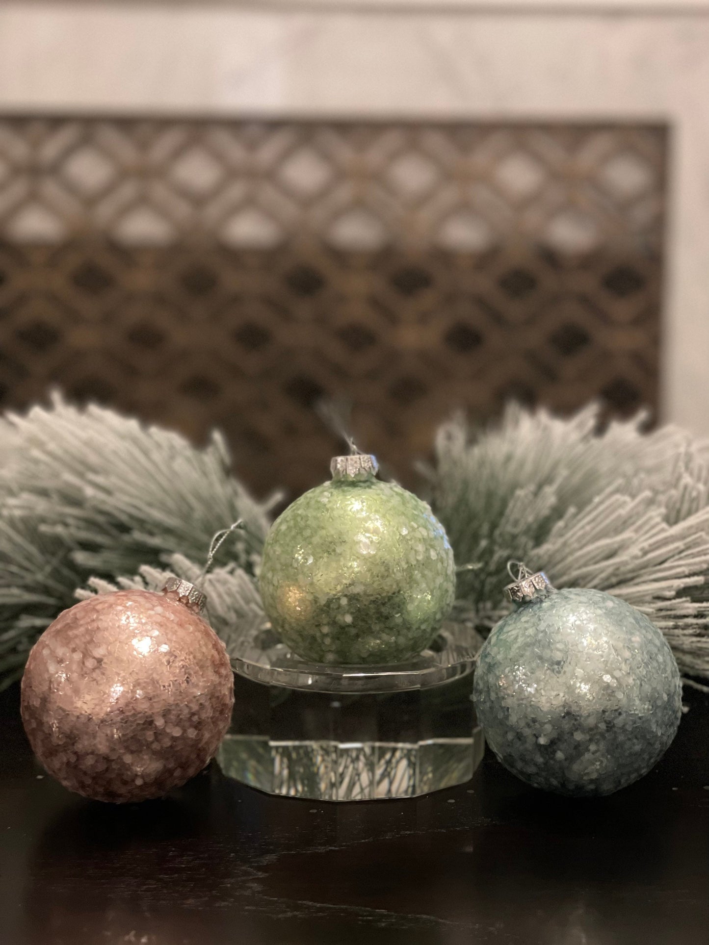 3"Glass sequin pearlized ball ornament. Set of 3. Blue, green and pink.