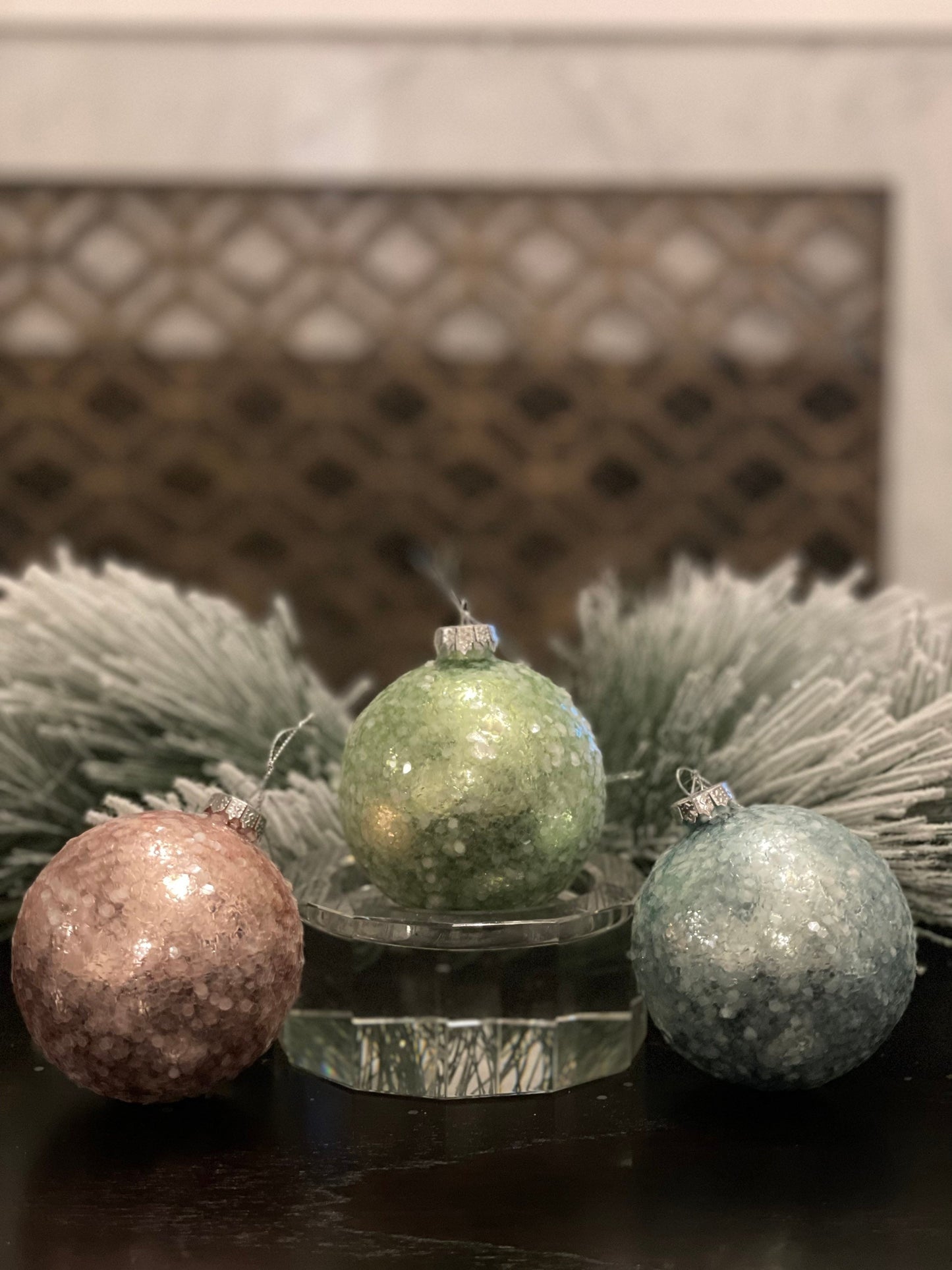 3"Glass sequin pearlized ball ornament. Set of 3. Blue, green and pink.