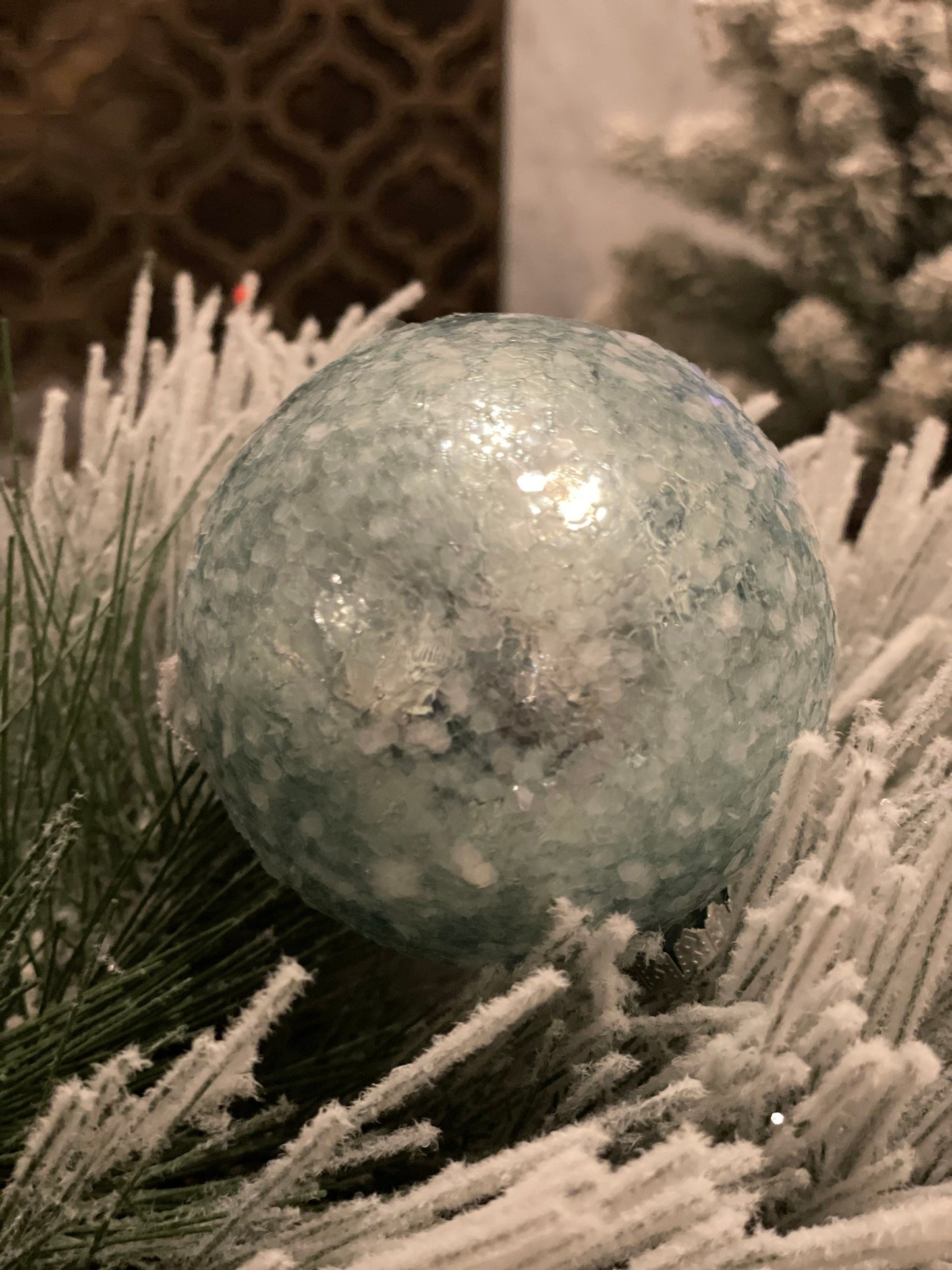 3"Glass sequin pearlized ball ornament. Set of 3. Blue, green and pink.