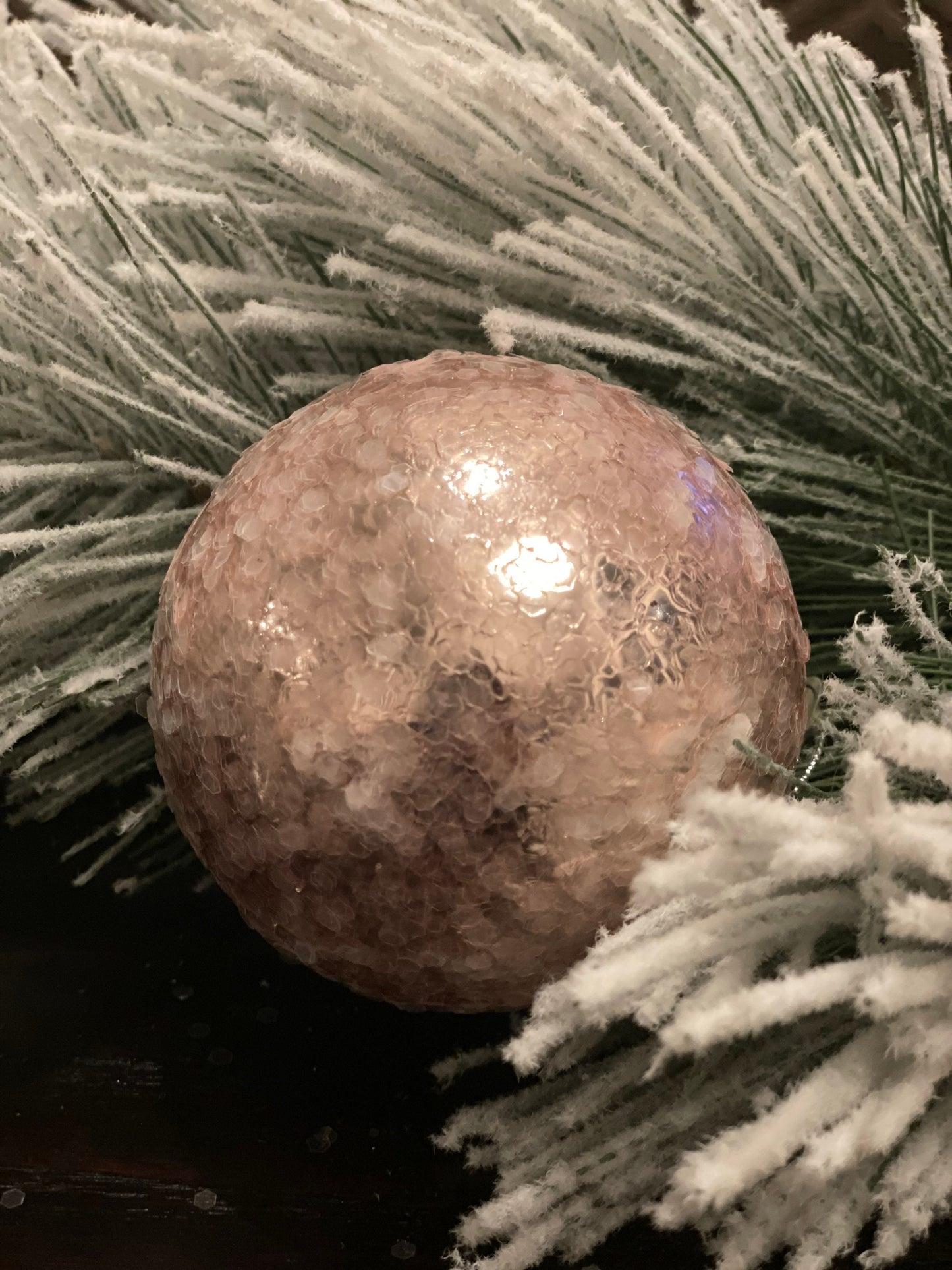 3"Glass sequin pearlized ball ornament. Set of 3. Blue, green and pink.