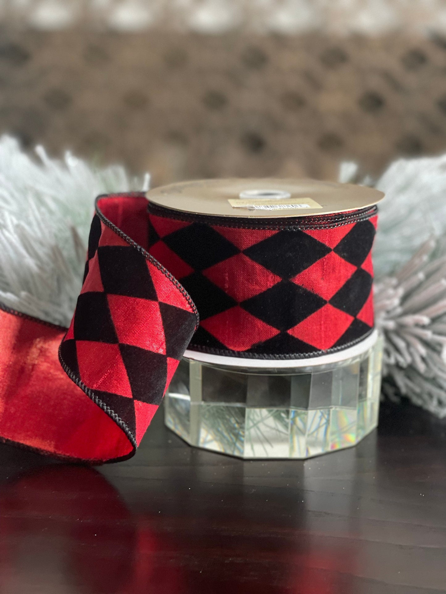 2.5x10" yds. diamond ribbon. Black velvet diamonds. Black and red.