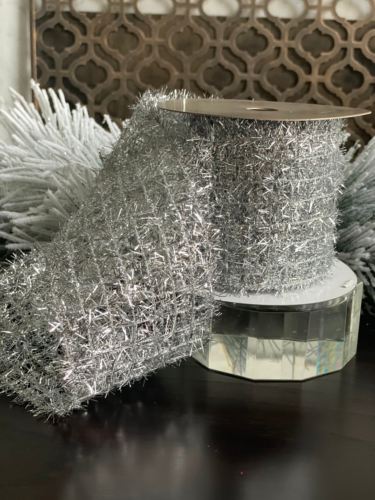 4x10" yds. Silver tinsel ribbon. Wired.
