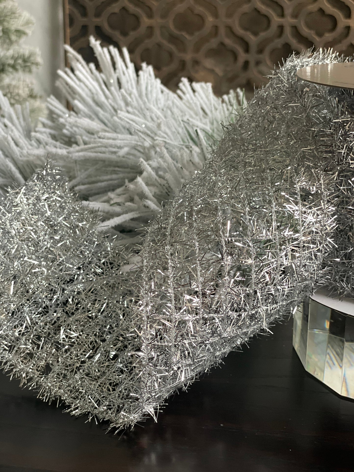 4x10" yds. Silver tinsel ribbon. Wired.