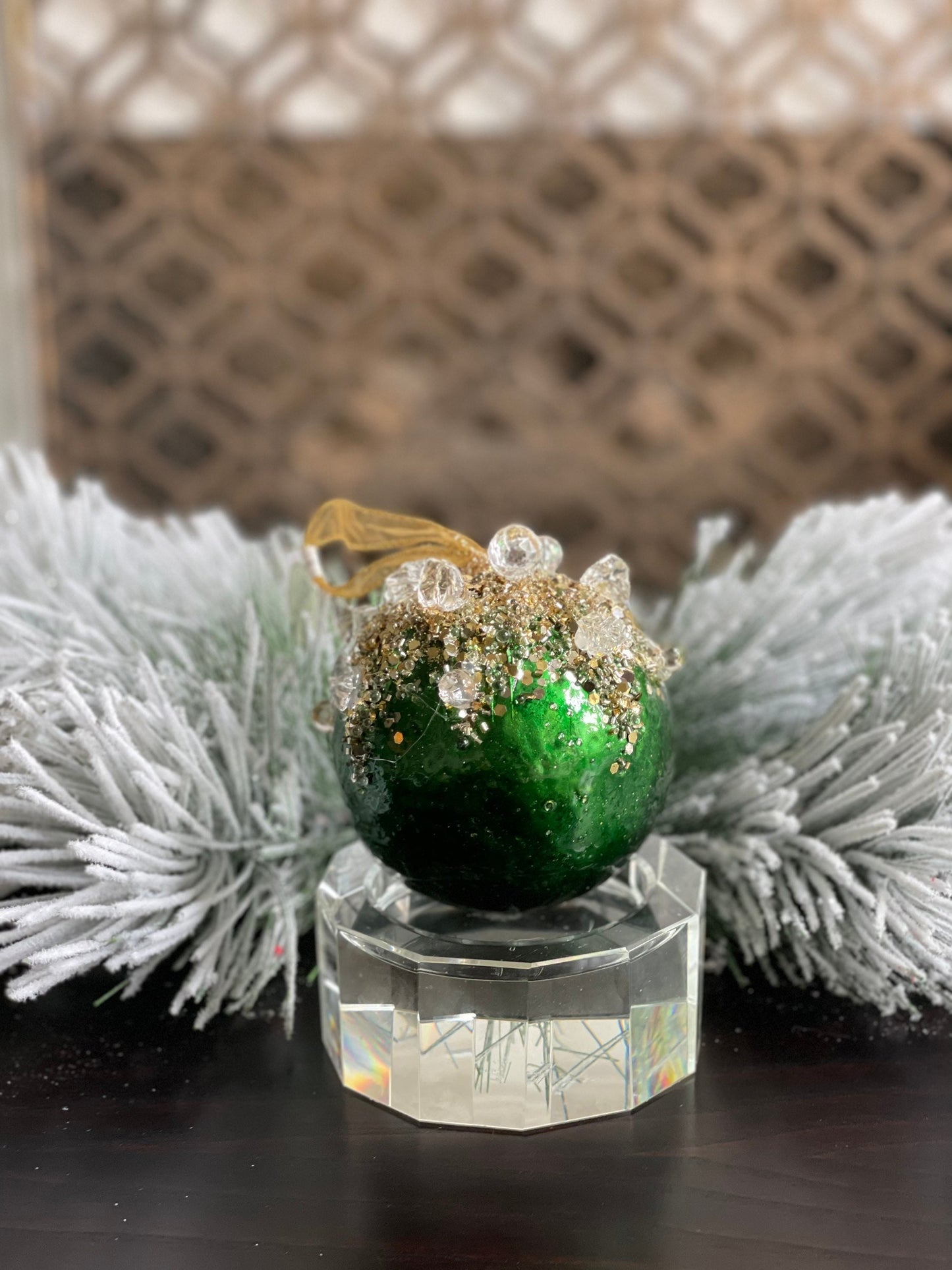 4" Heavy jeweled ball ornament. Emerald gold.