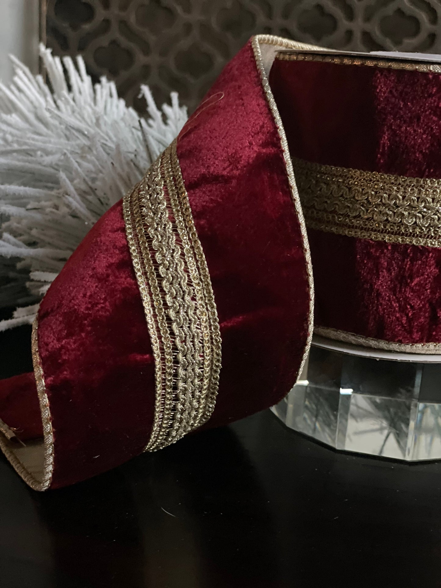 4” x 5 yds. Burgundy and gold braid trim velvet gold black ribbon. Wired.