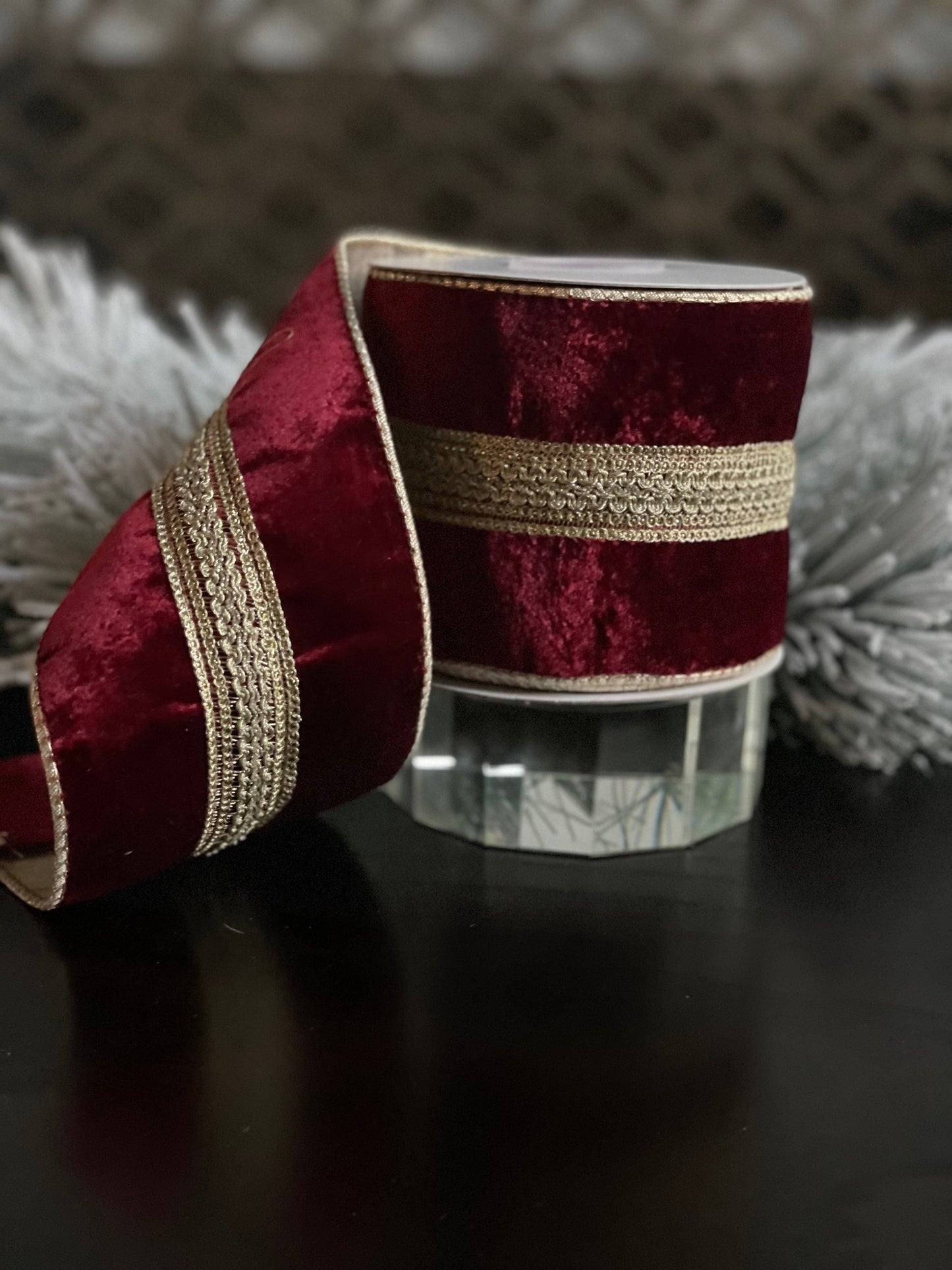 4” x 5 yds. Burgundy and gold braid trim velvet gold black ribbon. Wired.