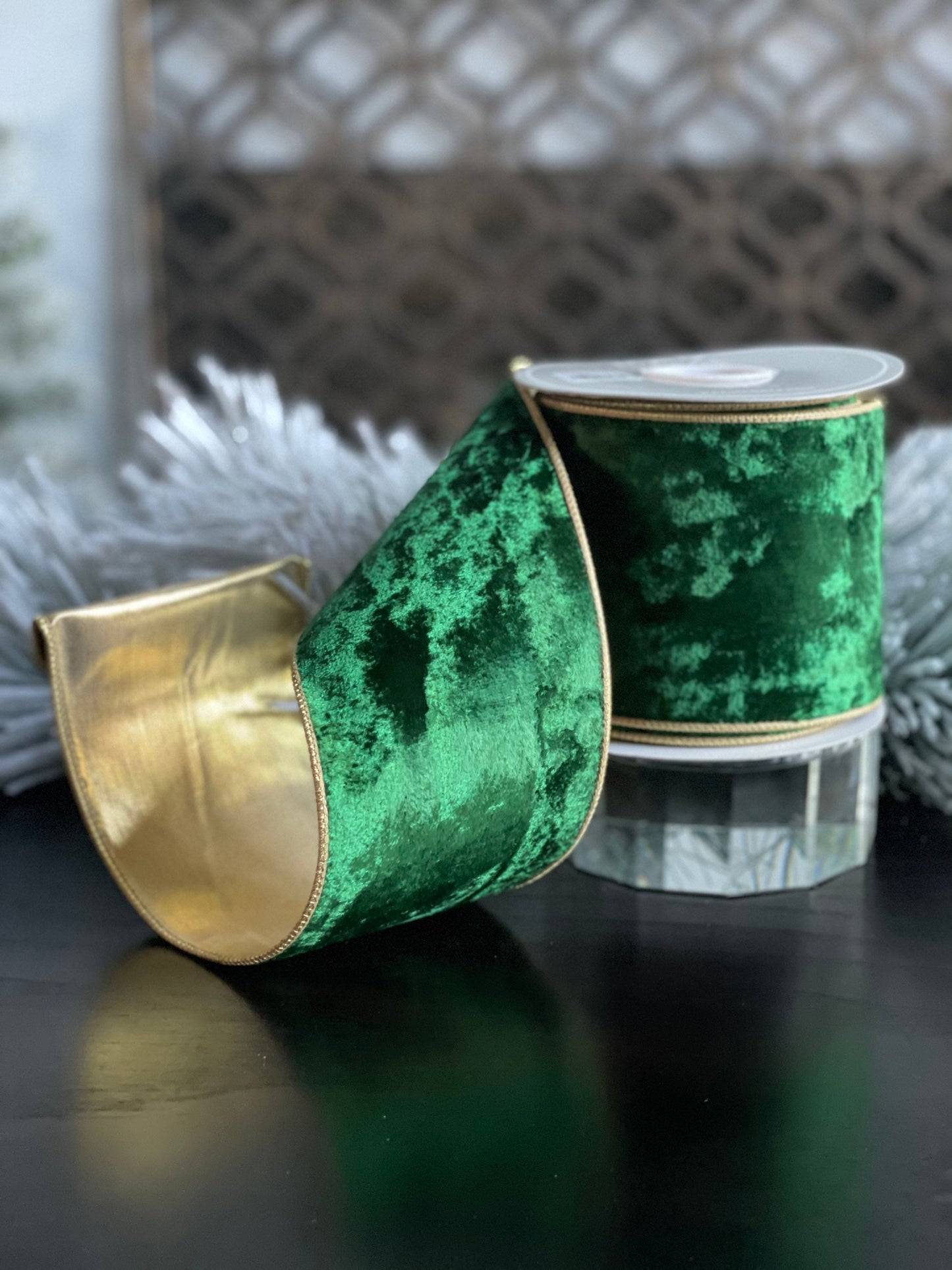 4” X 10 yds velvet emerald ribbon with gold back. Emerald and gold. Wired.